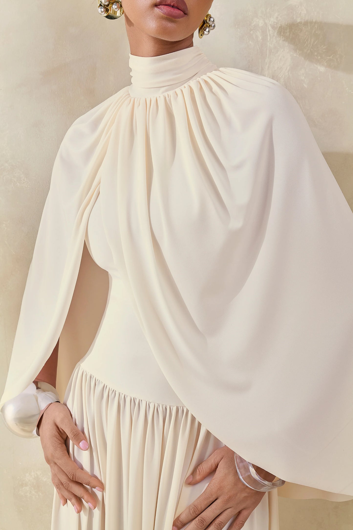 Honora Cream High-Neck Midi Dress With Cape-Sleeves