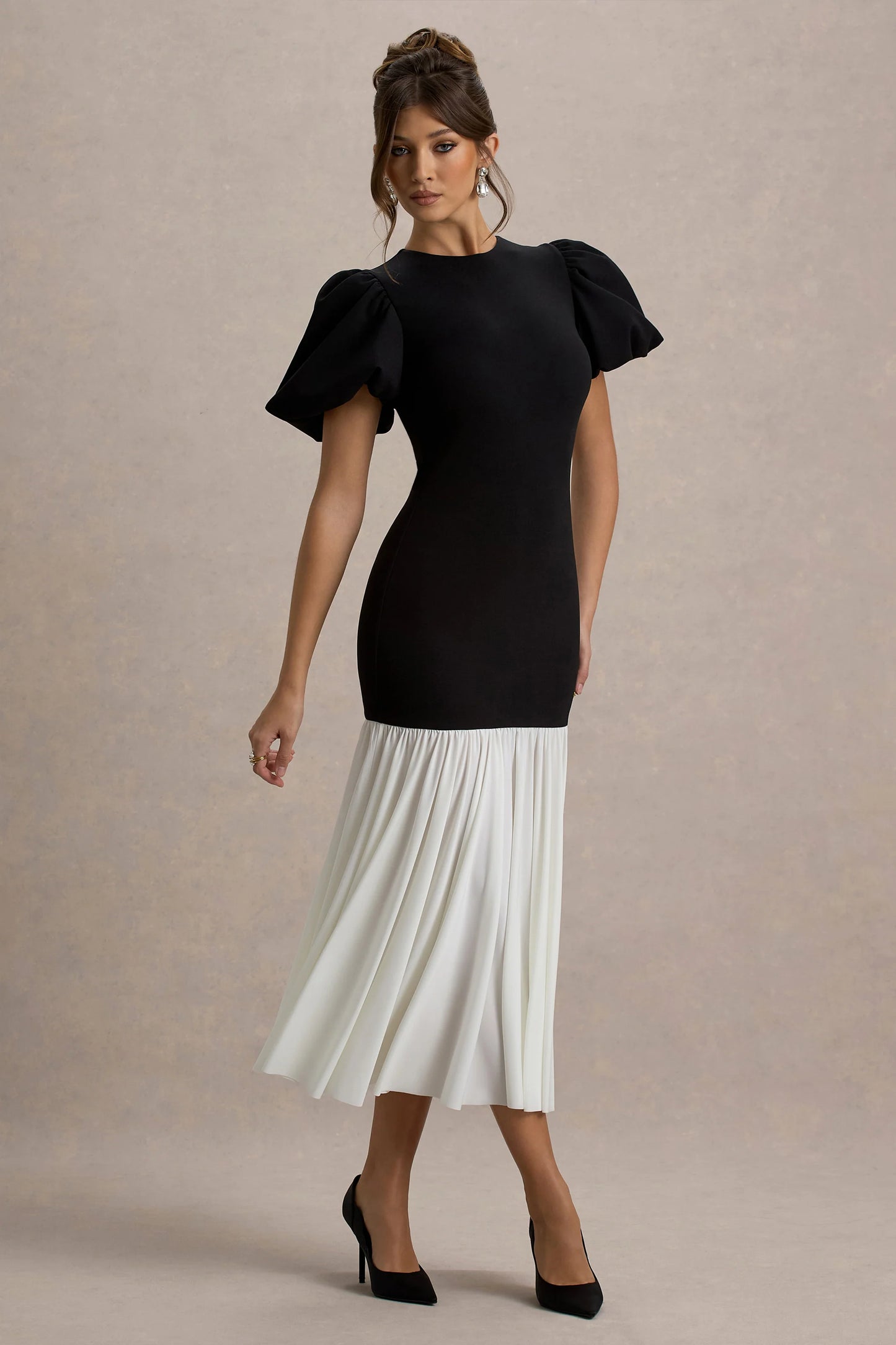 Cinzia Black & White Puff-Sleeve Volume-Hem Midi Dress