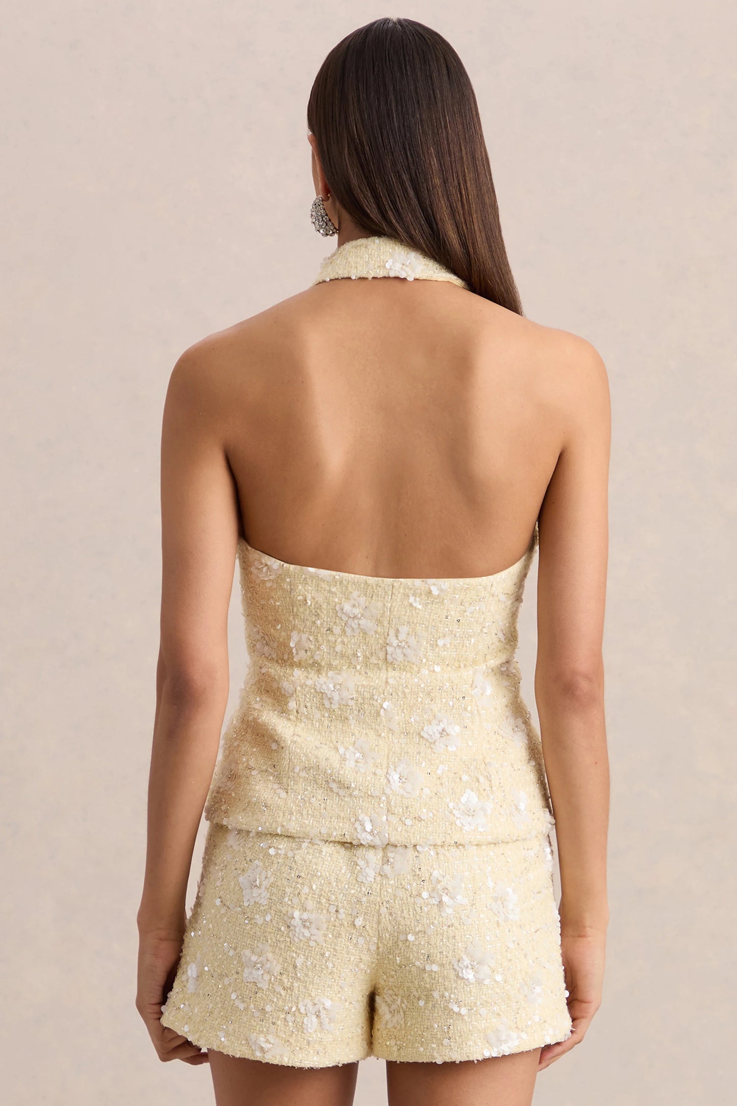 Alba Lemon Boucle Plunge-Neck Crop-Top