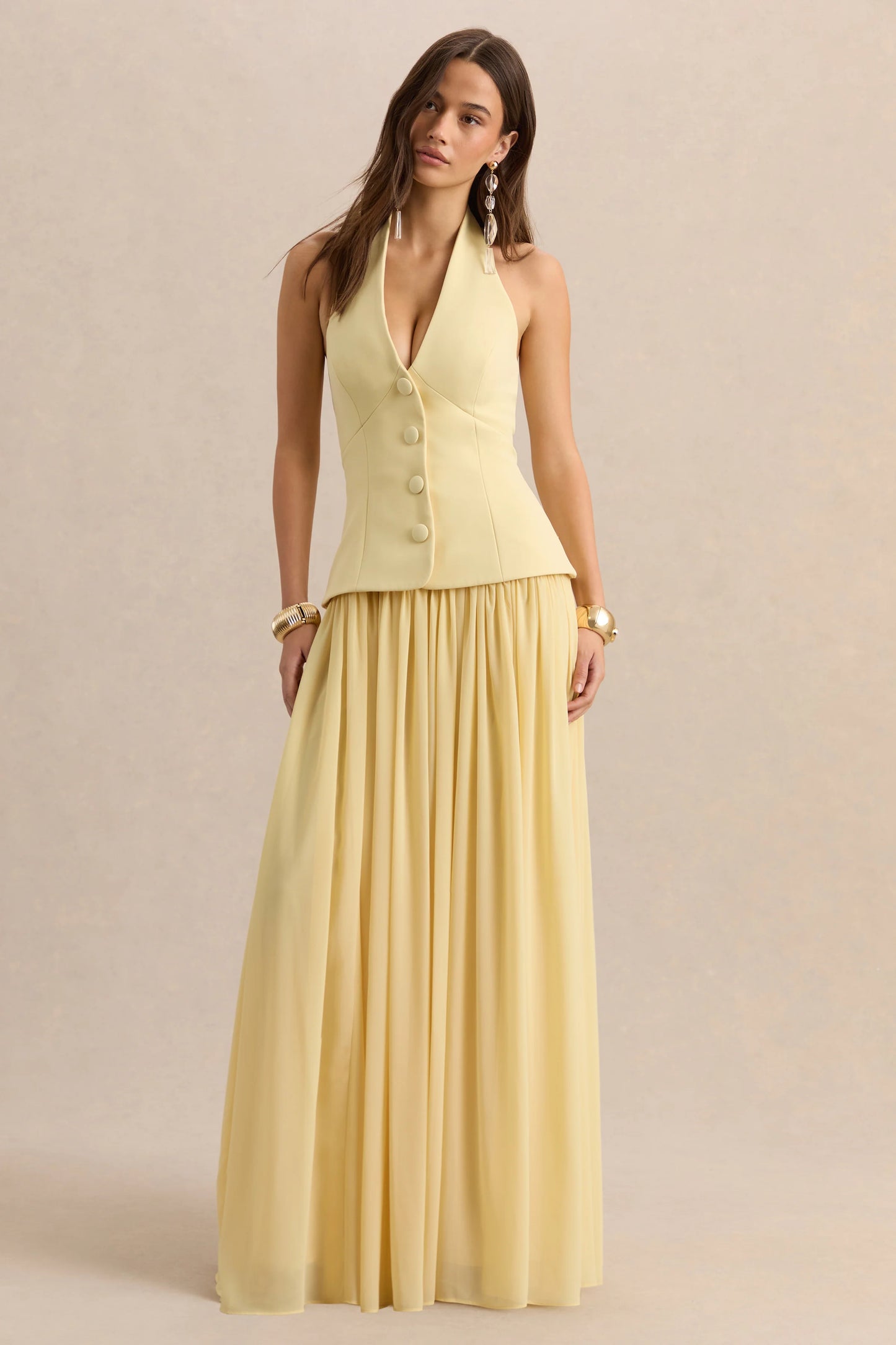 Zarina Lemon Plunge-Neck Maxi Dress