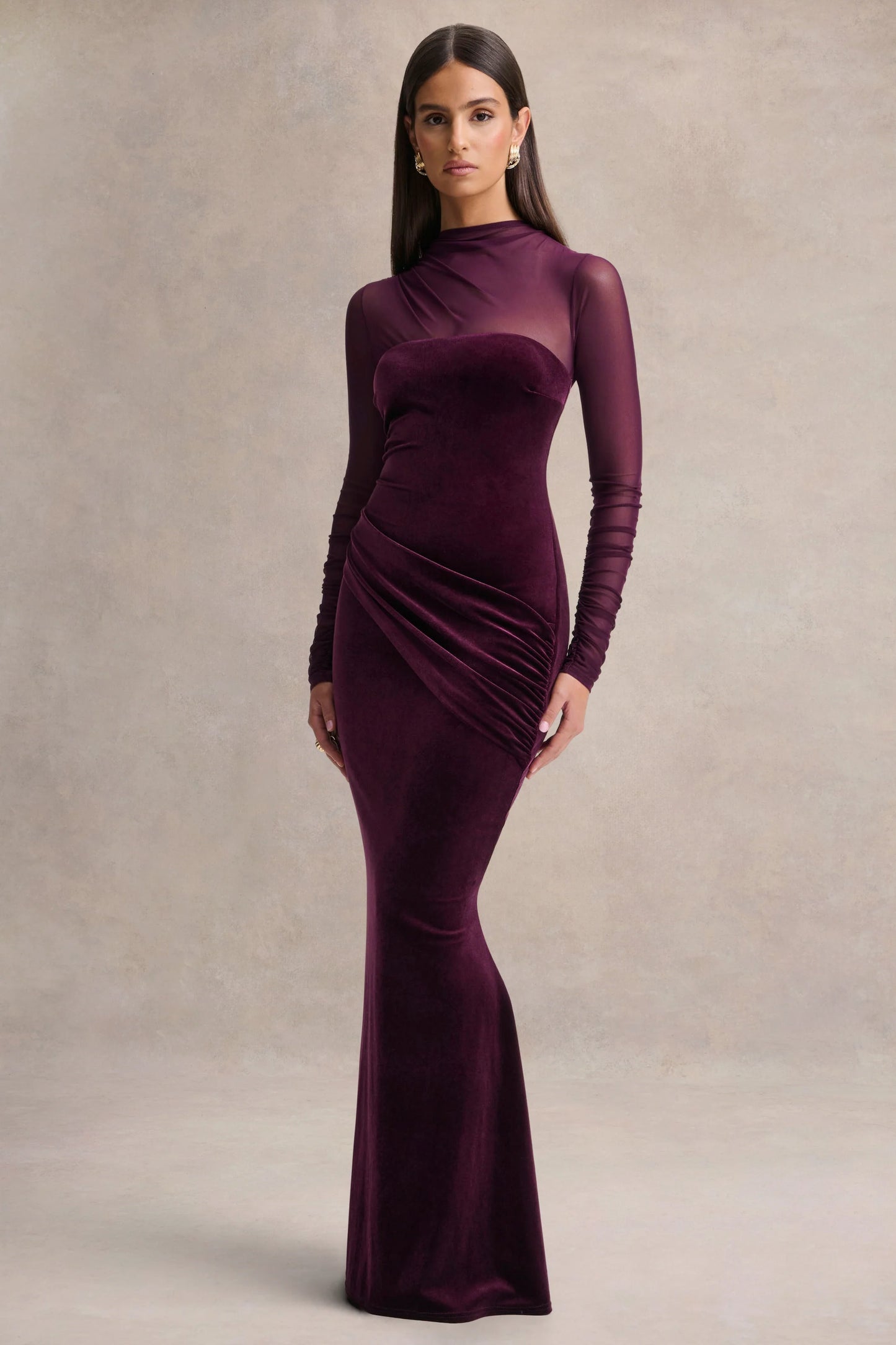 Cambria Plum Velvet High-Neck Maxi Dress With Draped-Detailing