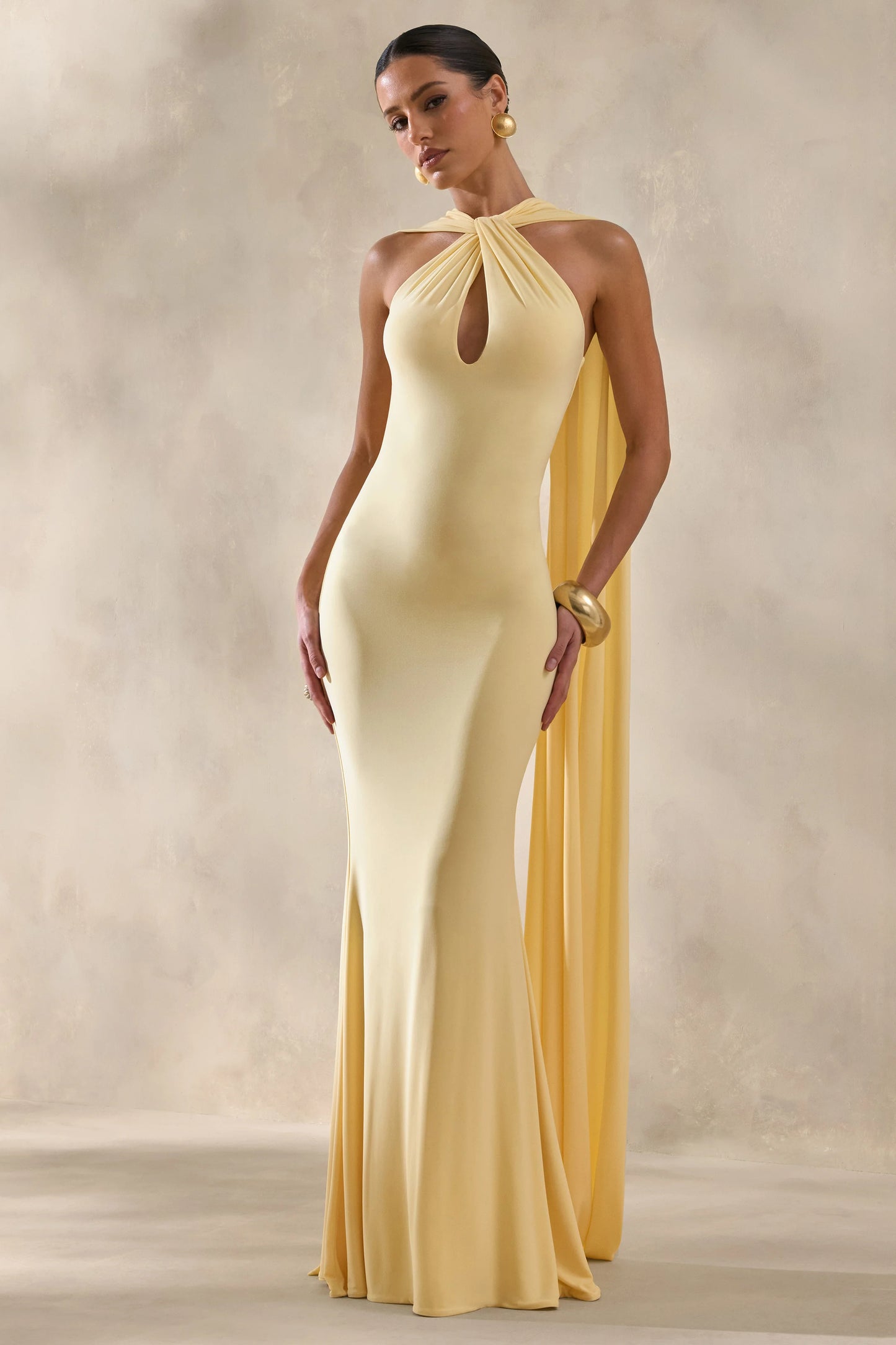 Rhoda Lemon Twist Halter-Neck Cape Maxi Dress