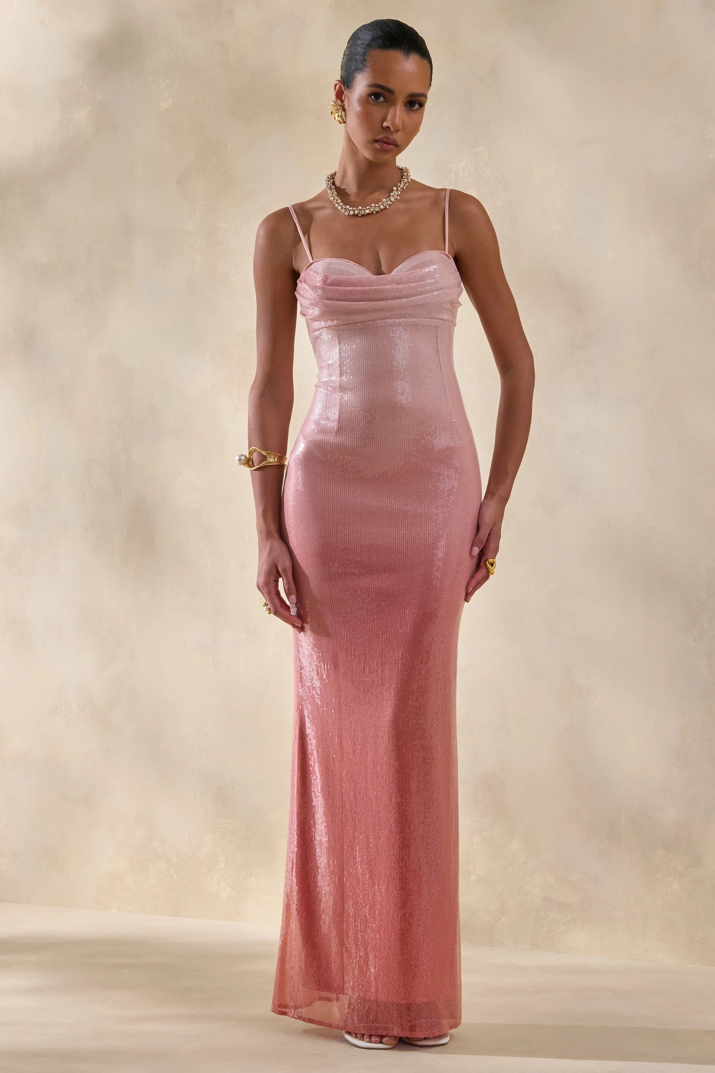 Feloria Coral Ombre Sequin Cowl-Neck Maxi Dress