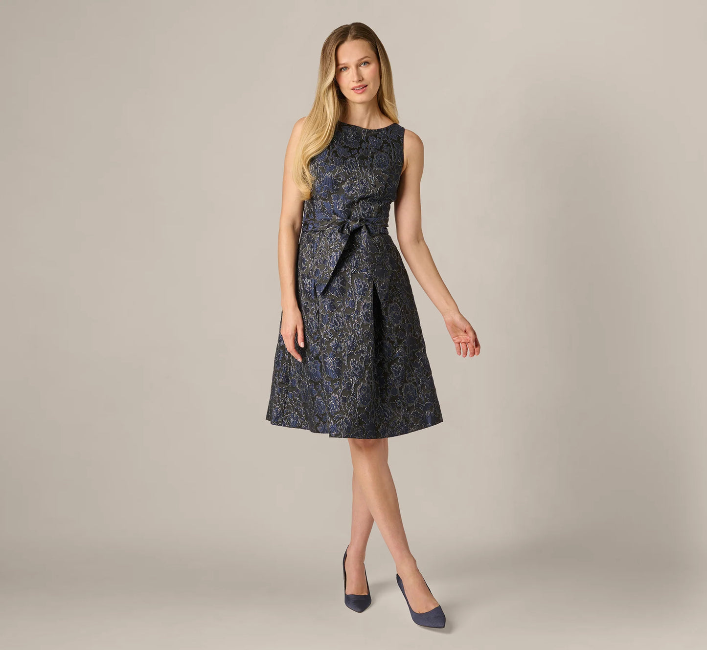 Jacquard Tie Front Fit And Flare Midi Dress In Black Navy