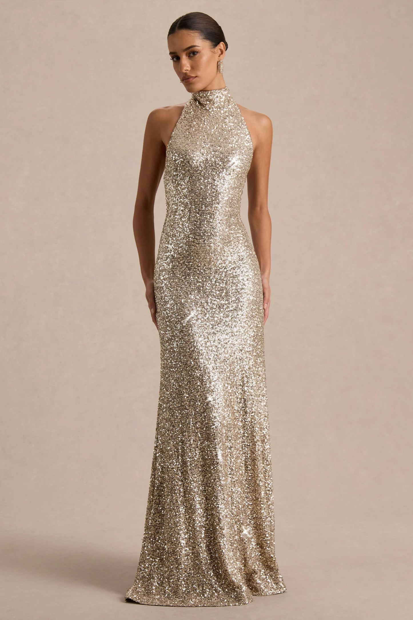 Tulia Gold Sequin High-Neck Maxi Dress