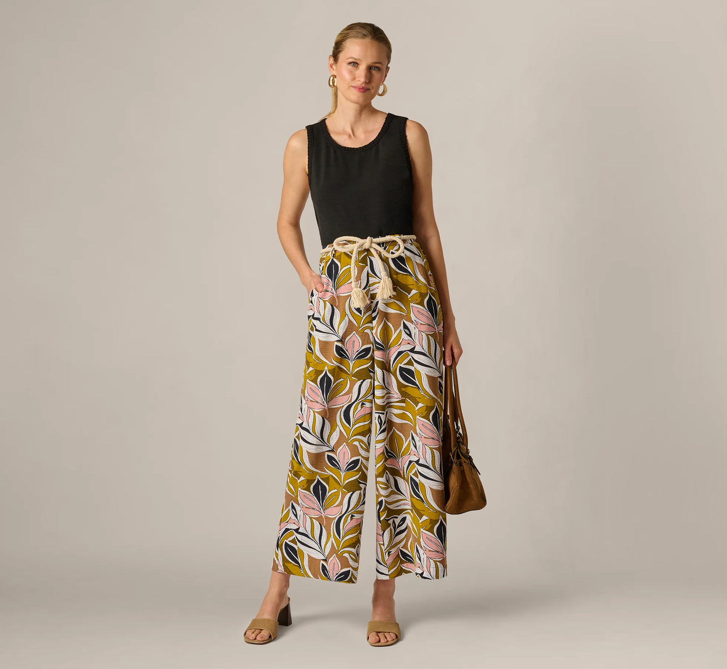 Wide Leg Rope Belt Pants In Amber Green Brushed Leaf