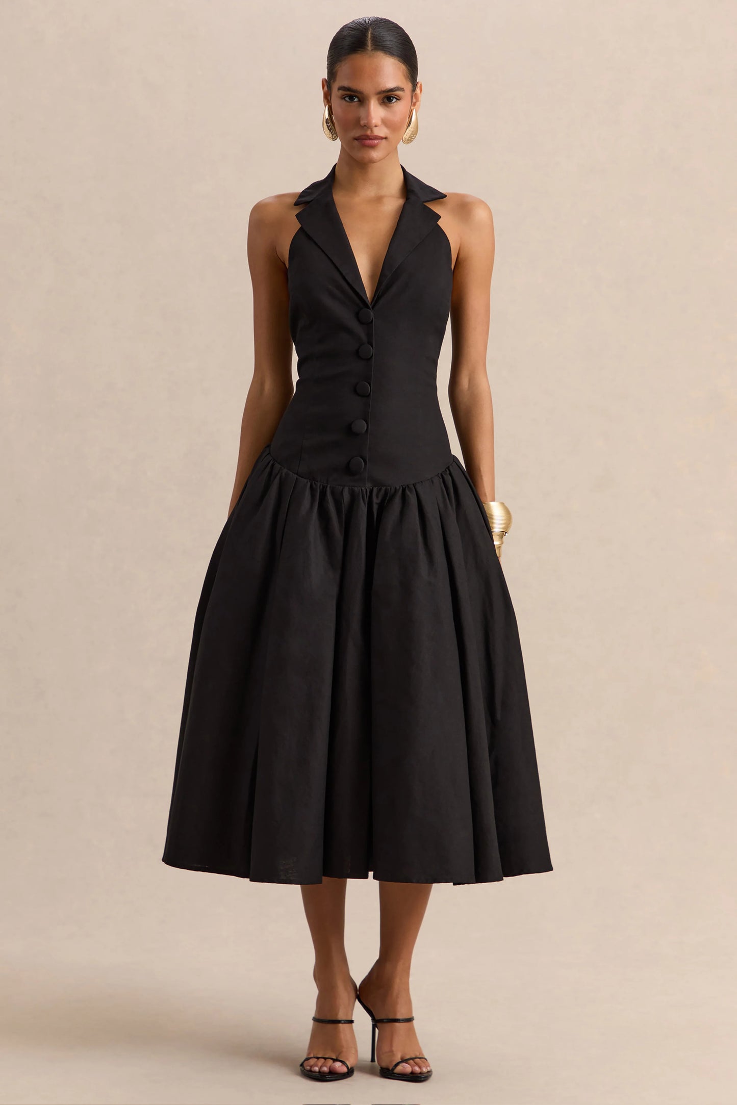 Ella Black Plunge-Neck Midi Dress With Drop-Waist