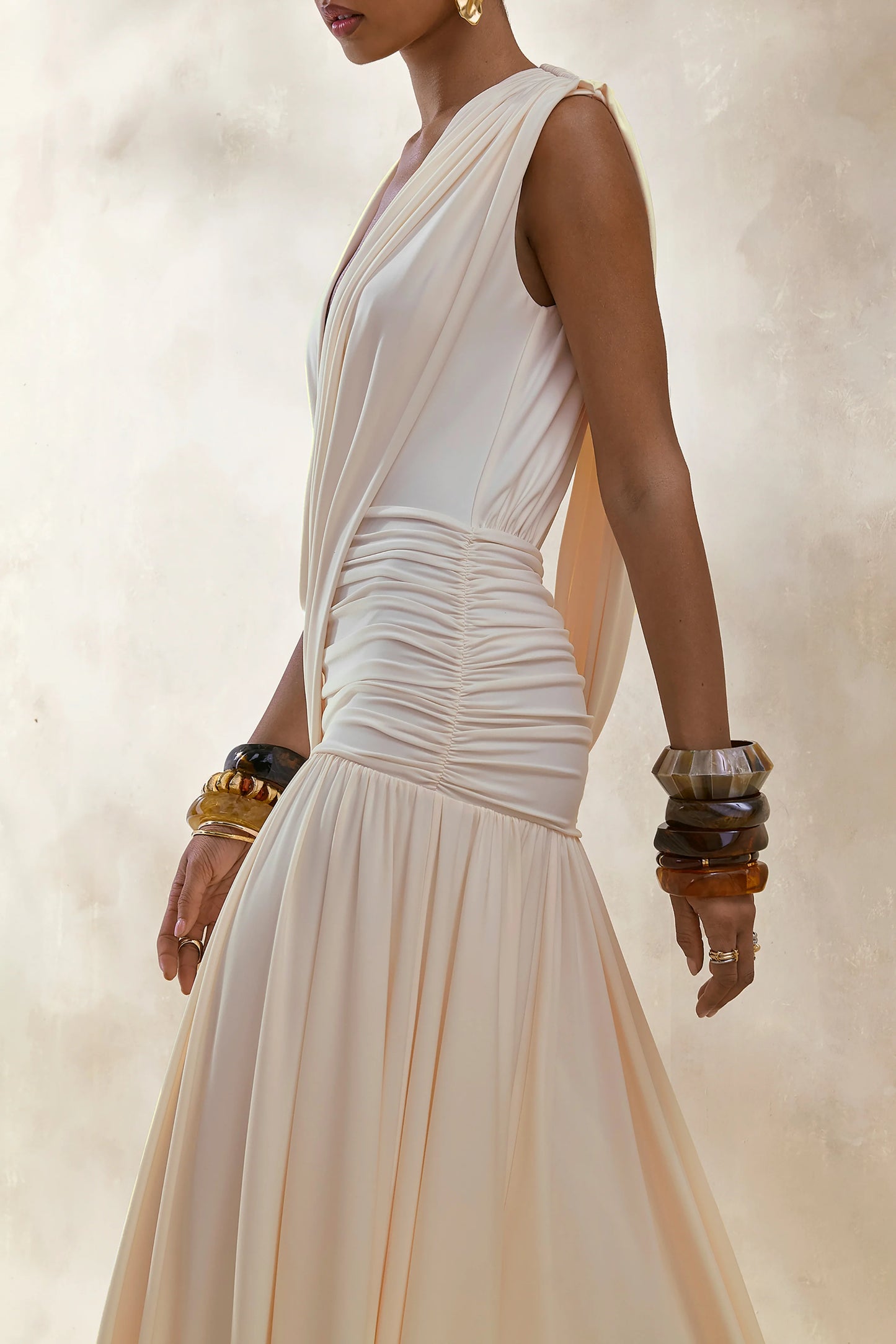 Glorina Cream Plunge-Neck Maxi Dress With Draped-Detailing