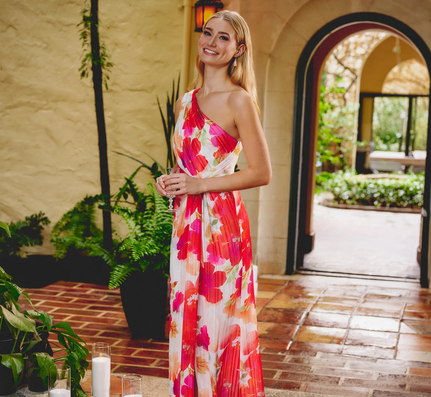 One Shoulder Watercolor Floral Stripe Gown In Ivory Pink Multi
