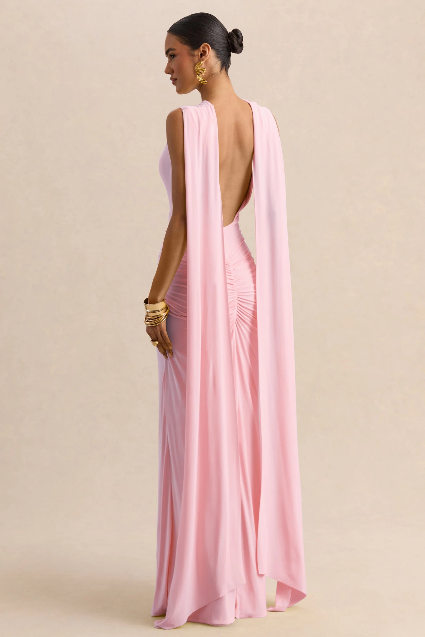 Premiere Light Pink Boat-Neck Maxi Dress With Cape-Sleeves And Open-Back