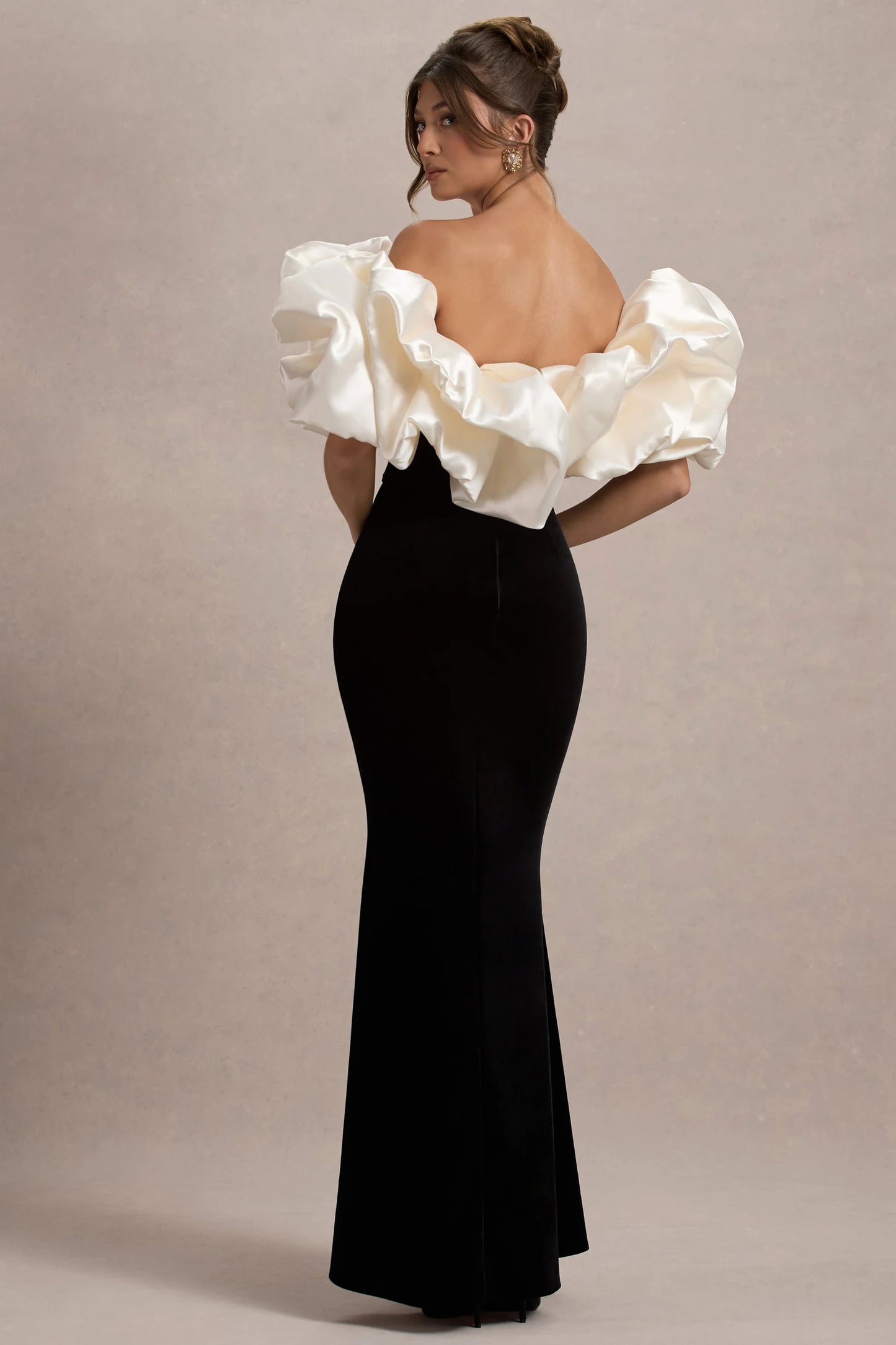 Cecily Black Velvet Bardot Maxi Dress With Satin Ruffle Trim