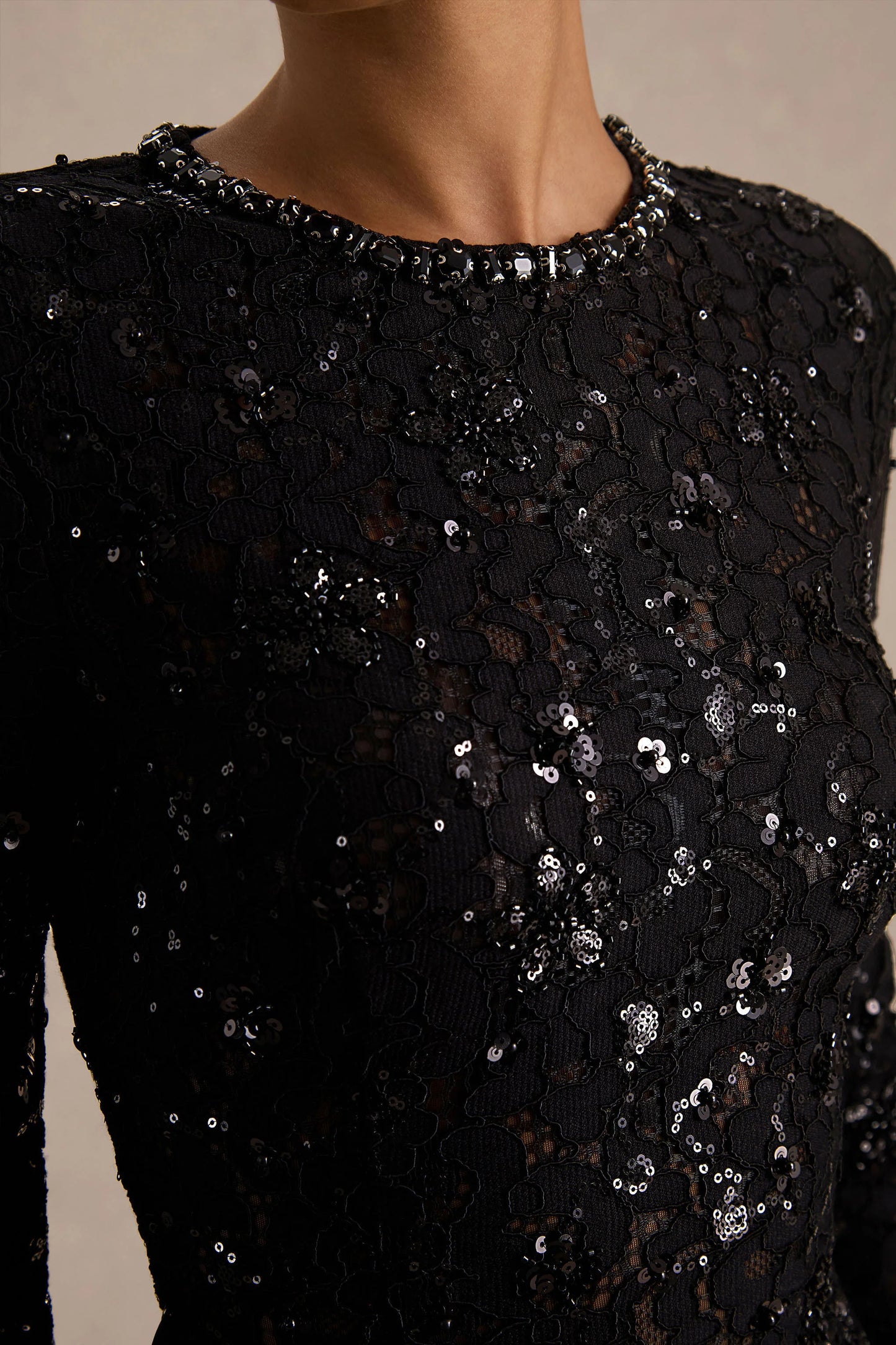 Beau Black Lace High-Neck Maxi Dress With Draped Detail