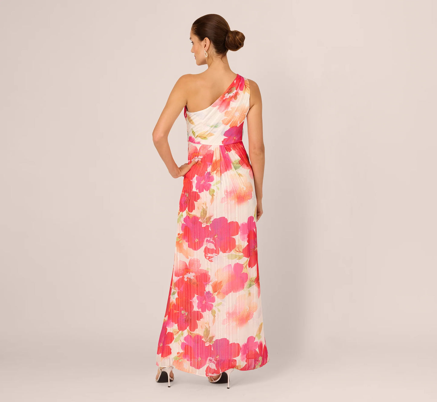 One Shoulder Watercolor Floral Stripe Gown In Ivory Pink Multi