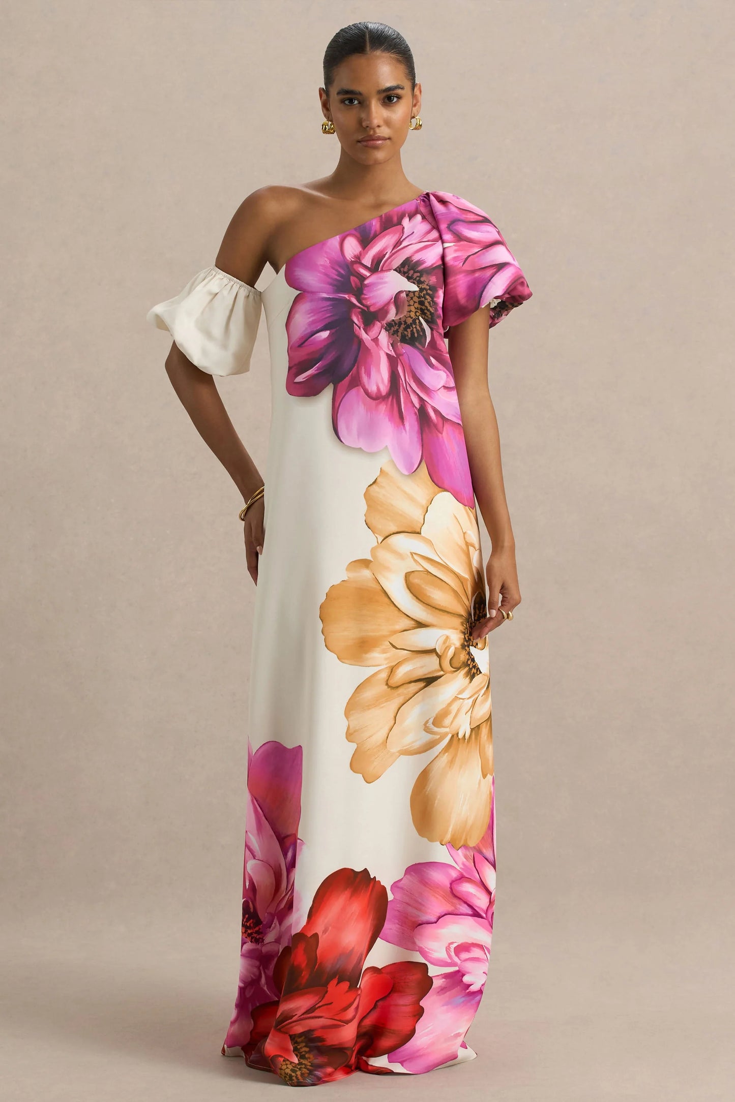 Anastasia Large Multi-Floral Print Asymmetric-Neck Maxi Dress