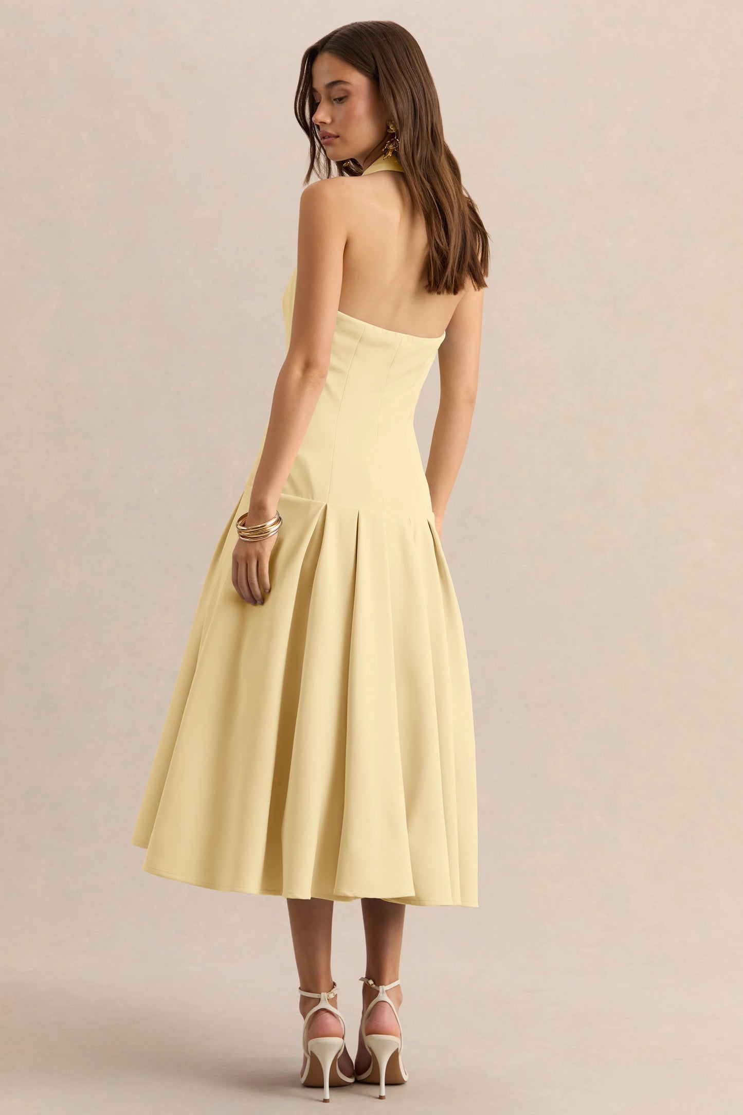 Elise Lemon Plunge-Neck Midi Dress With Drop-Waist