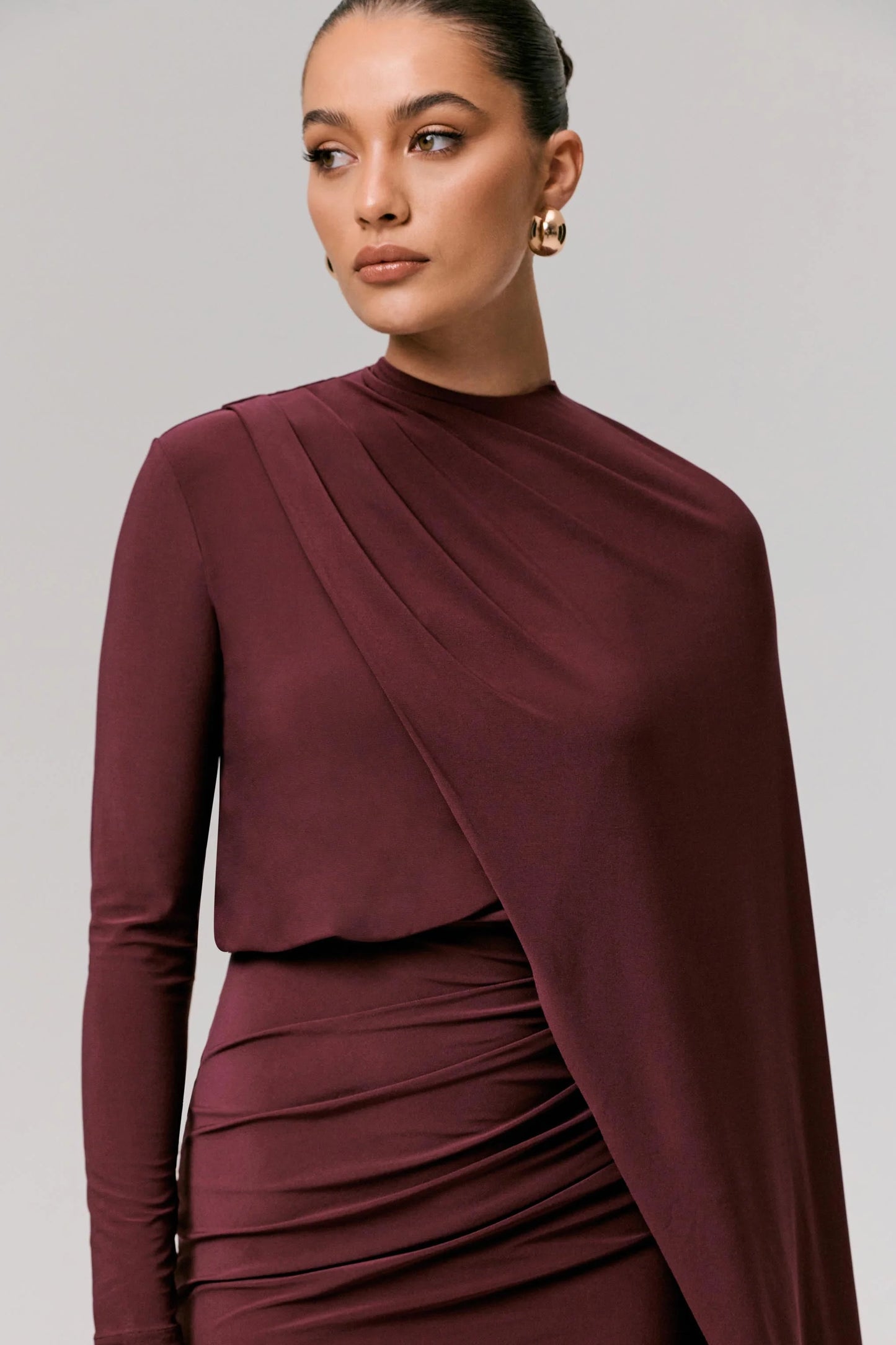 Celeste Burgundy Long-Sleeve Mini Dress With Cape Sleeve