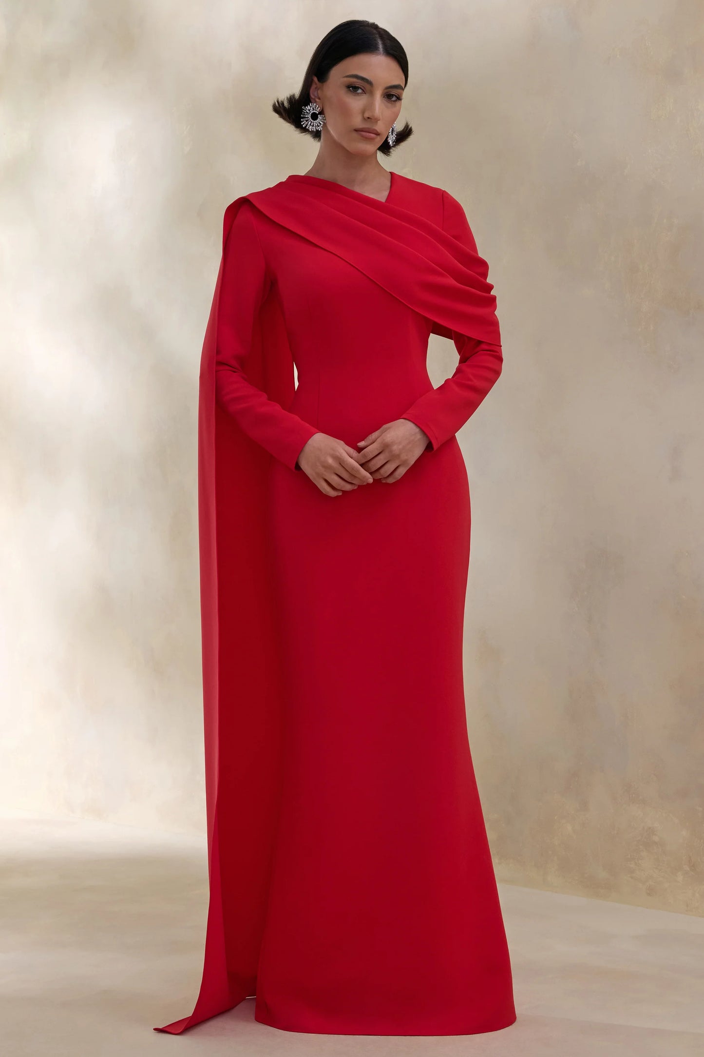 Heliora Red V-Neck Maxi Dress With Sash And Draped-Detail