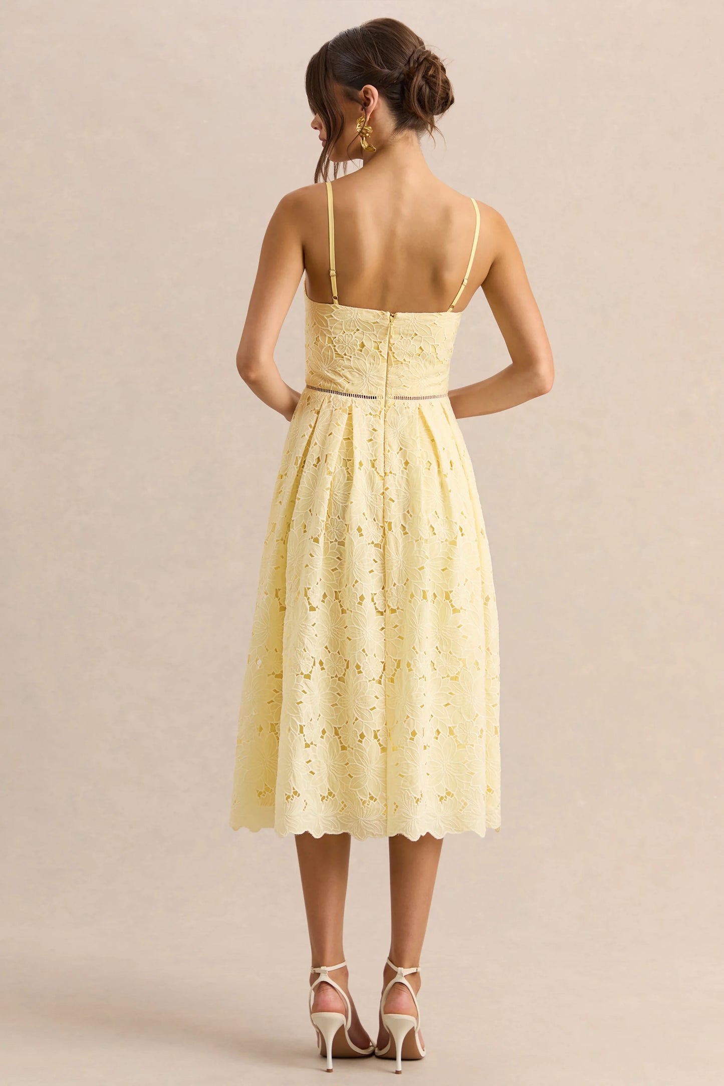 Nicoline Lemon Lace Sweetheart Midi Dress With Cami Straps