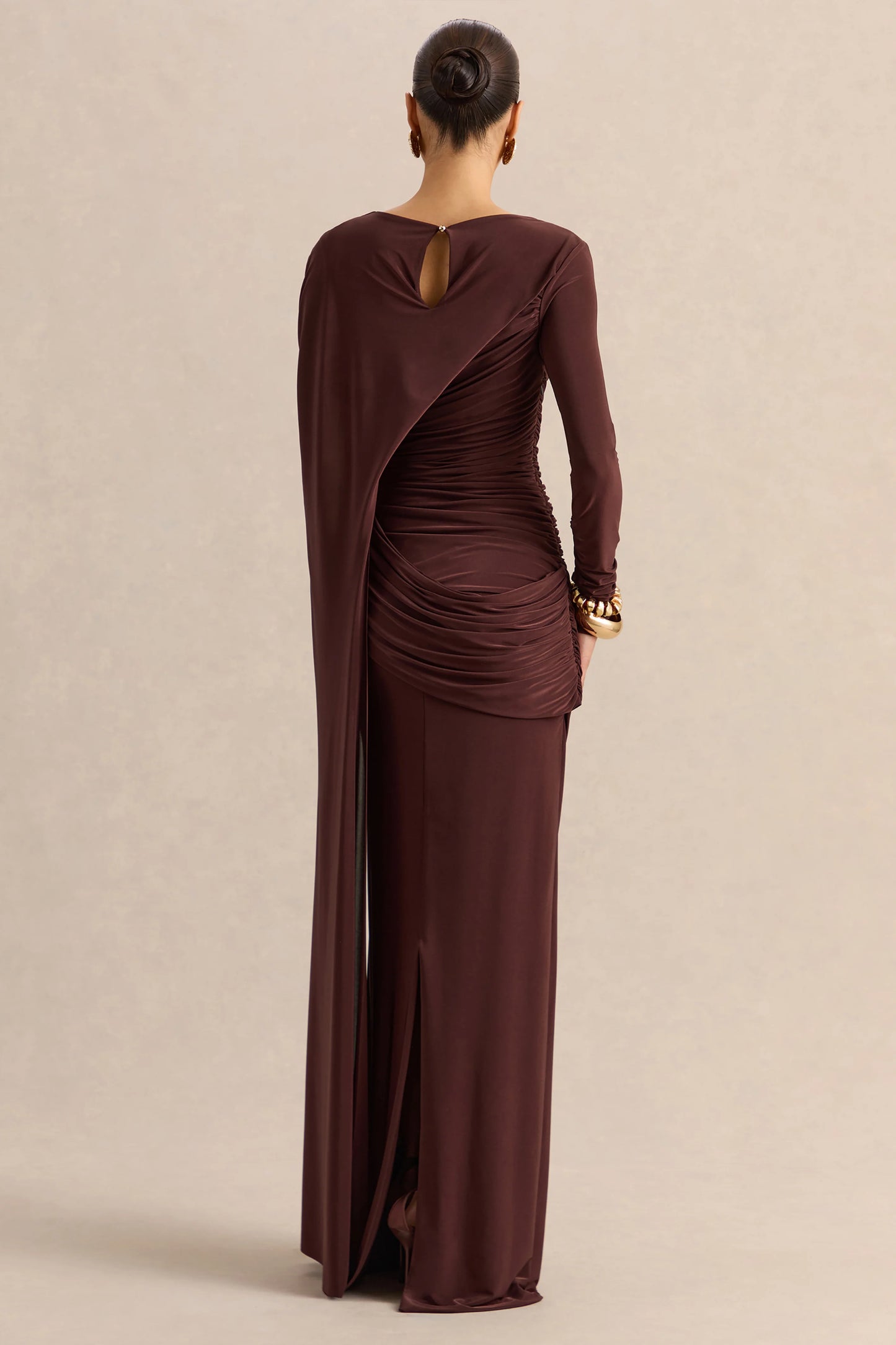 Orintha Brown Slashed-Neck Maxi Dress With Cape And Gold-Detail