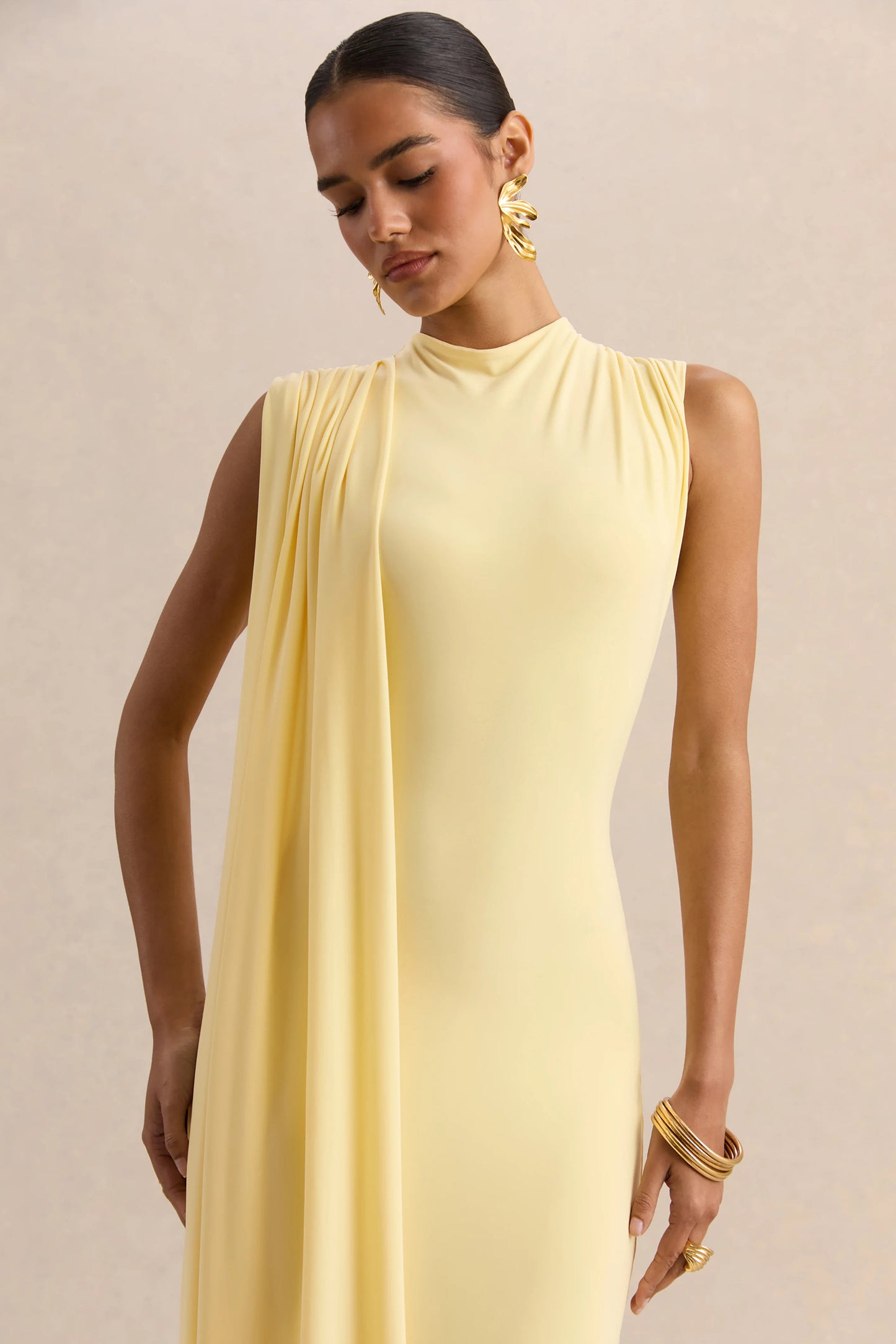 Oleandra Lemon High-Neck Midi-Dress With Draped-Detail