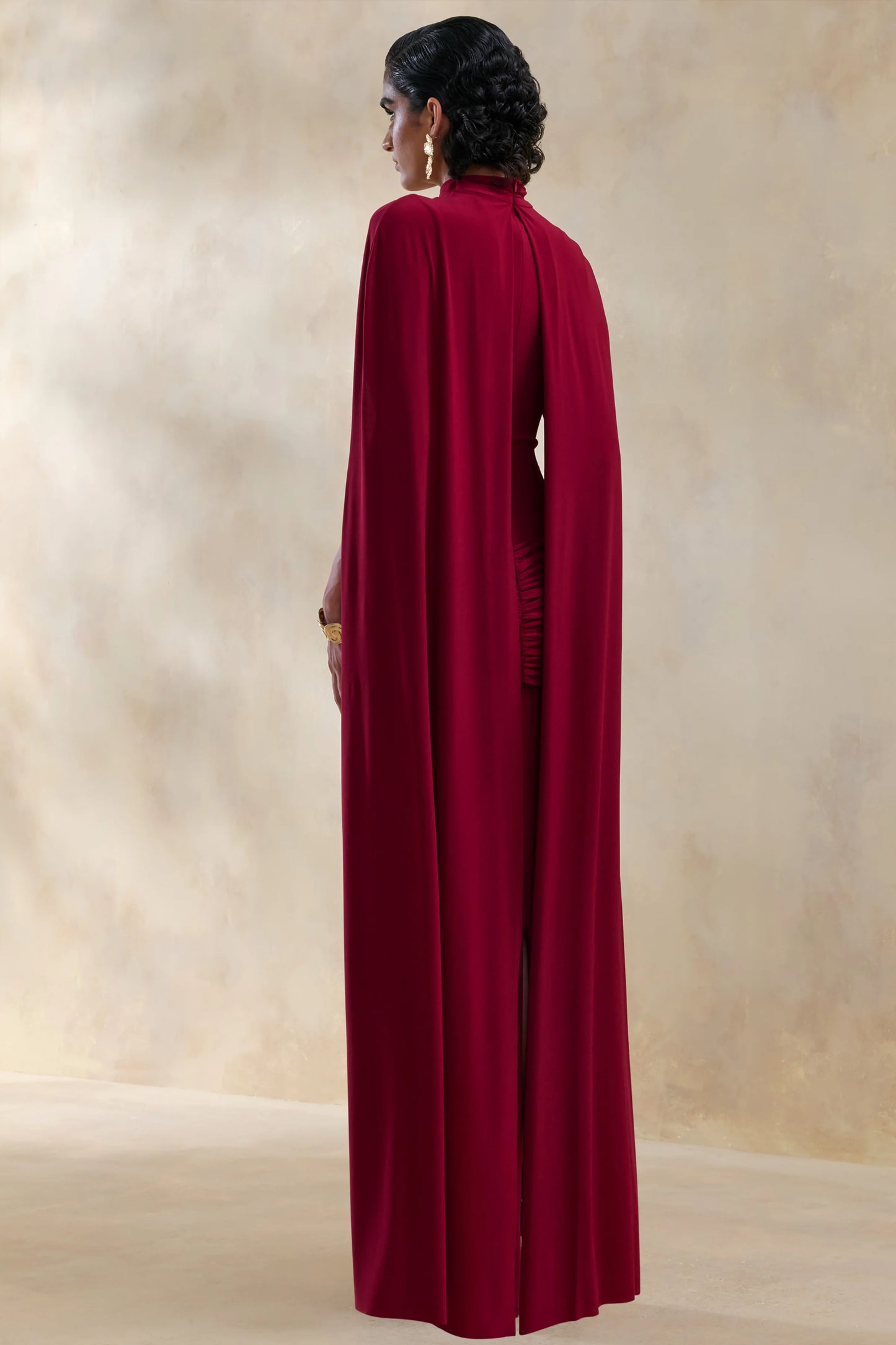 Dianelle Berry High-Neck Maxi Dress With Cape-Sleeves