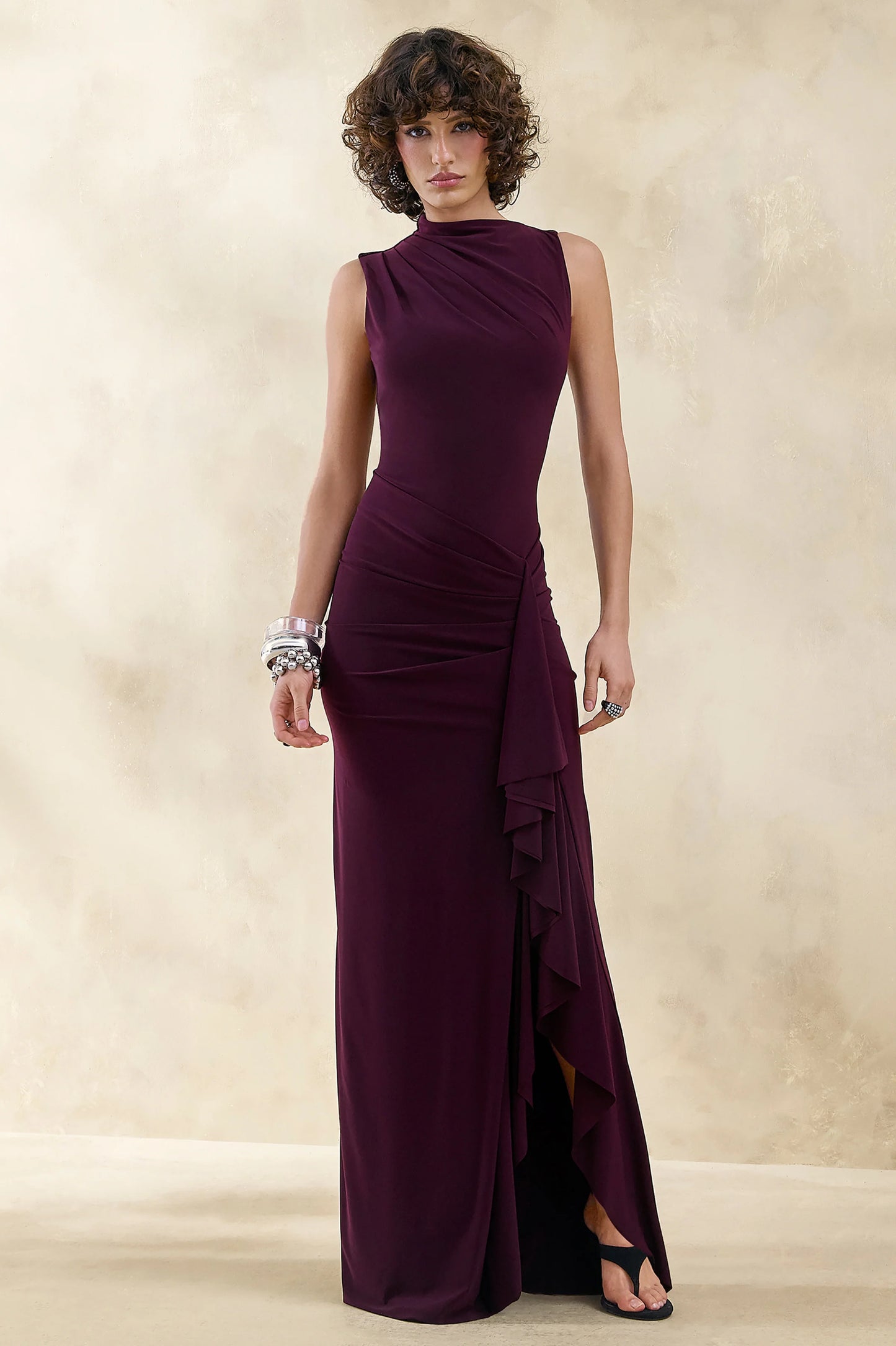 Helessia Dark Plum Asymmetric-Neck Maxi Dress With Gathered-Detailing And Sash