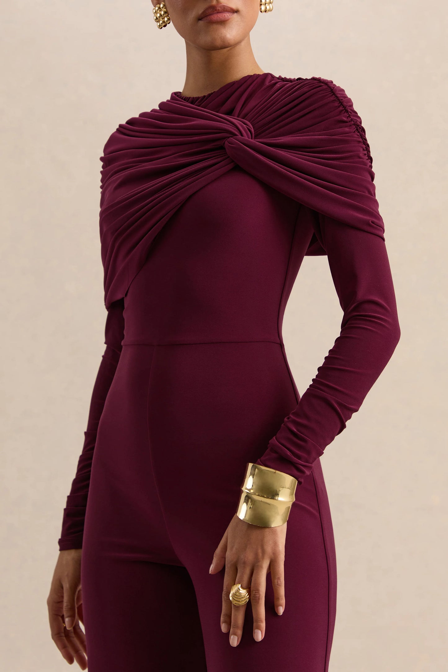 Eloura Burgundy High-Neck Jumpsuit With Twist-Gathered Detail
