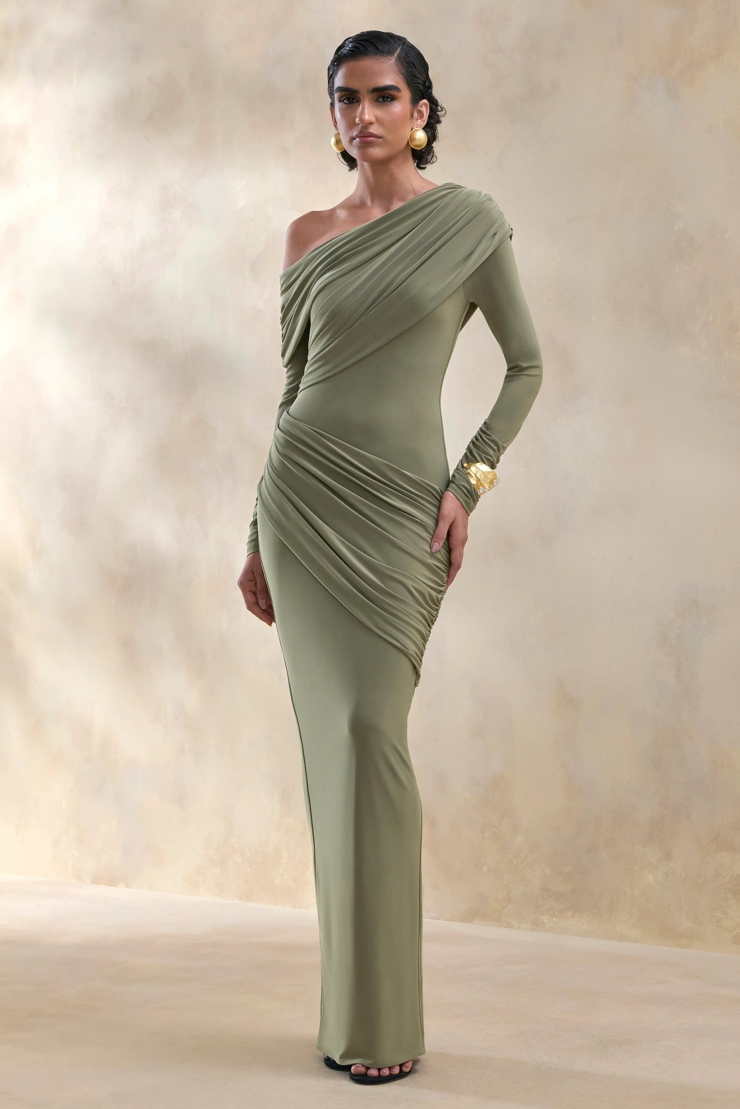 Rosirene Olive Asymmetric-Neck Maxi Dress With Draped-Detailing