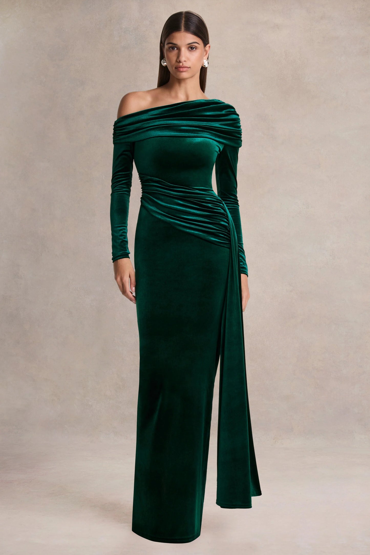 Hadria Bottle Green Velvet Asymmetric-Neck Maxi Dress With Sash-Detail