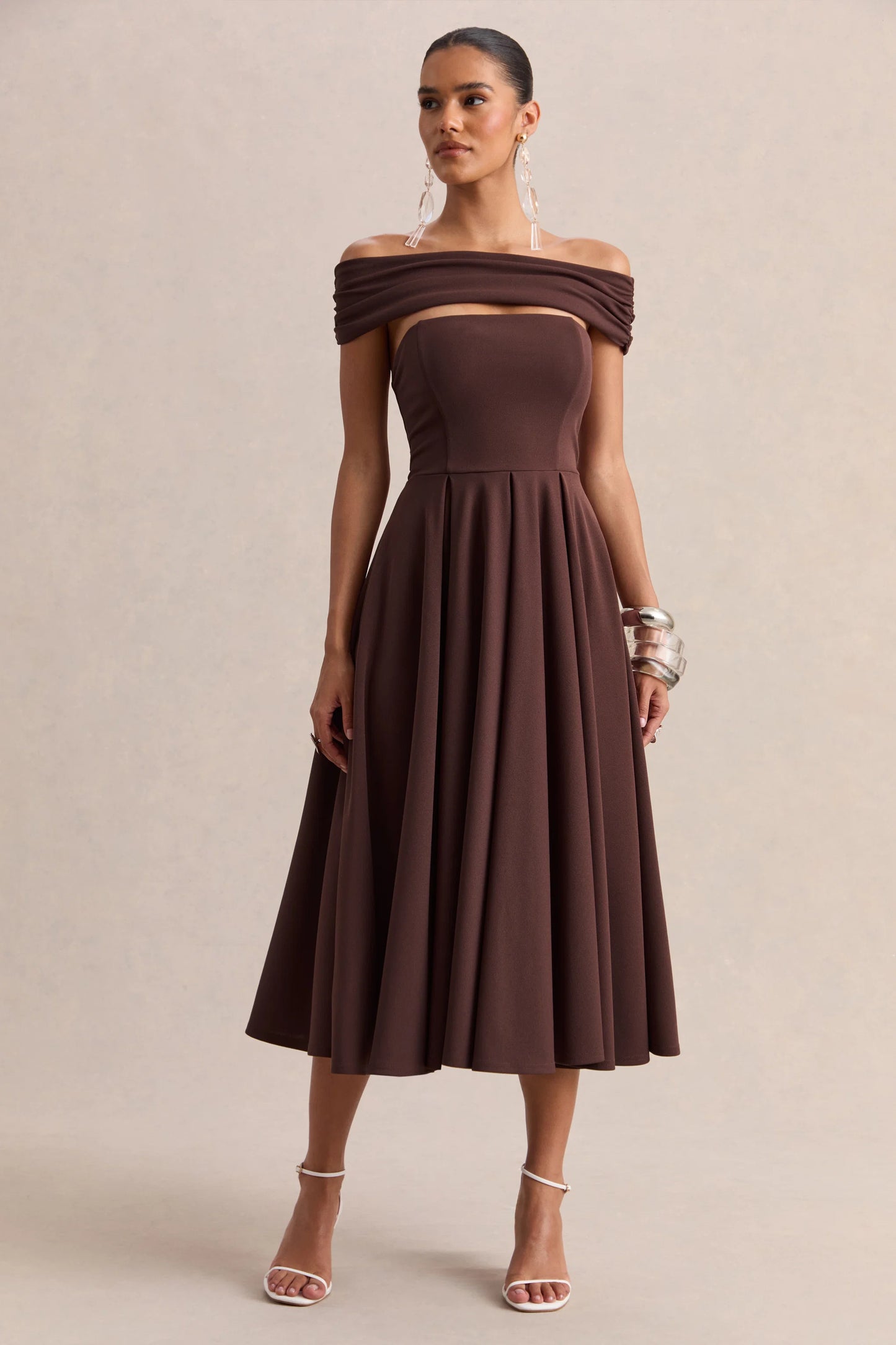 Mavina Brown Bardot-Neck Midi Dress