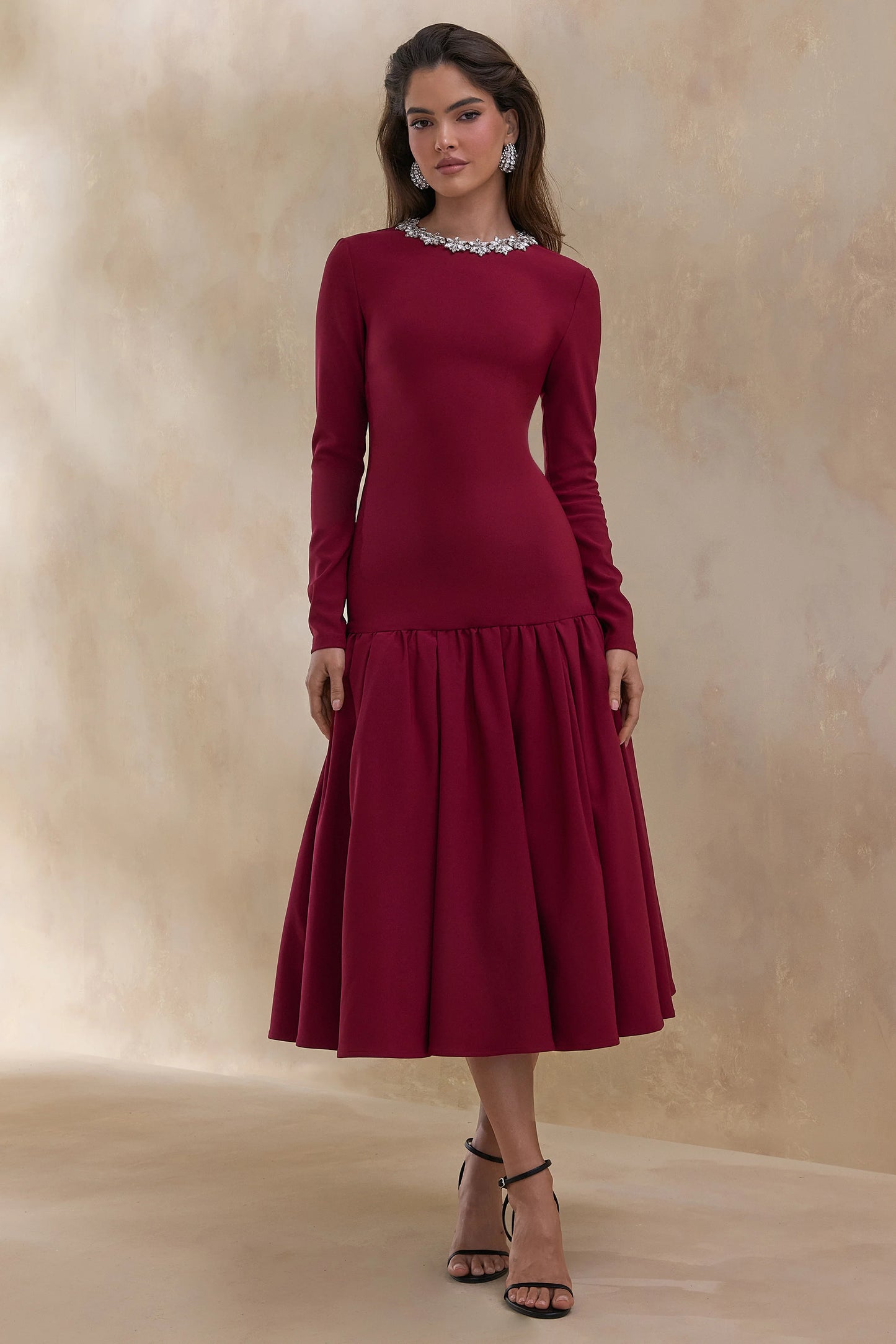 Jovana Burgundy Hand-Embellished Crew-Neck Midi Dress With Drop Waist