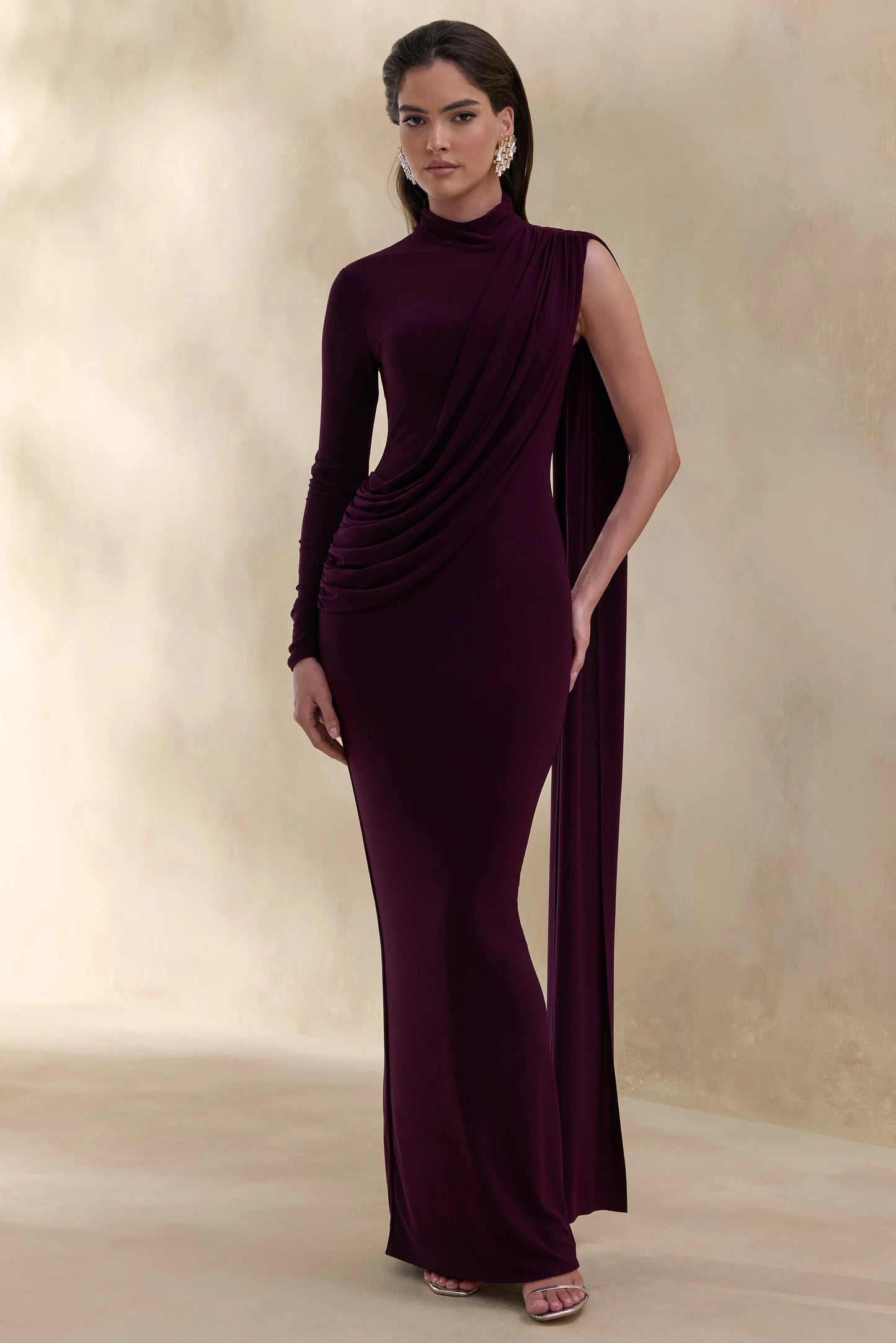 Oliria Dark Plum High-Neck Maxi Dress With One-Long Sleeve And Sash-Detail
