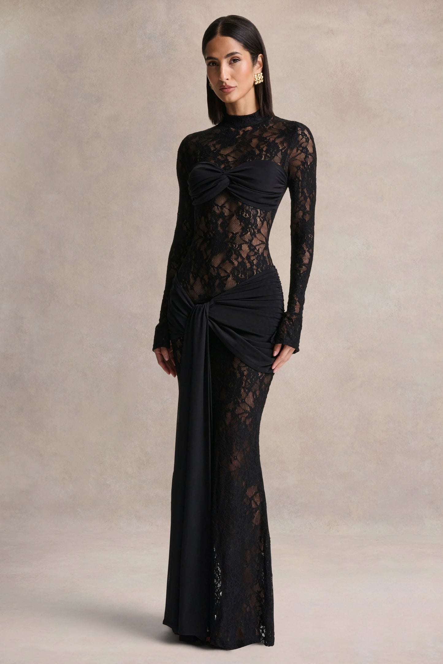 Akira Black Lace Maxi Dress With Sash-Detail