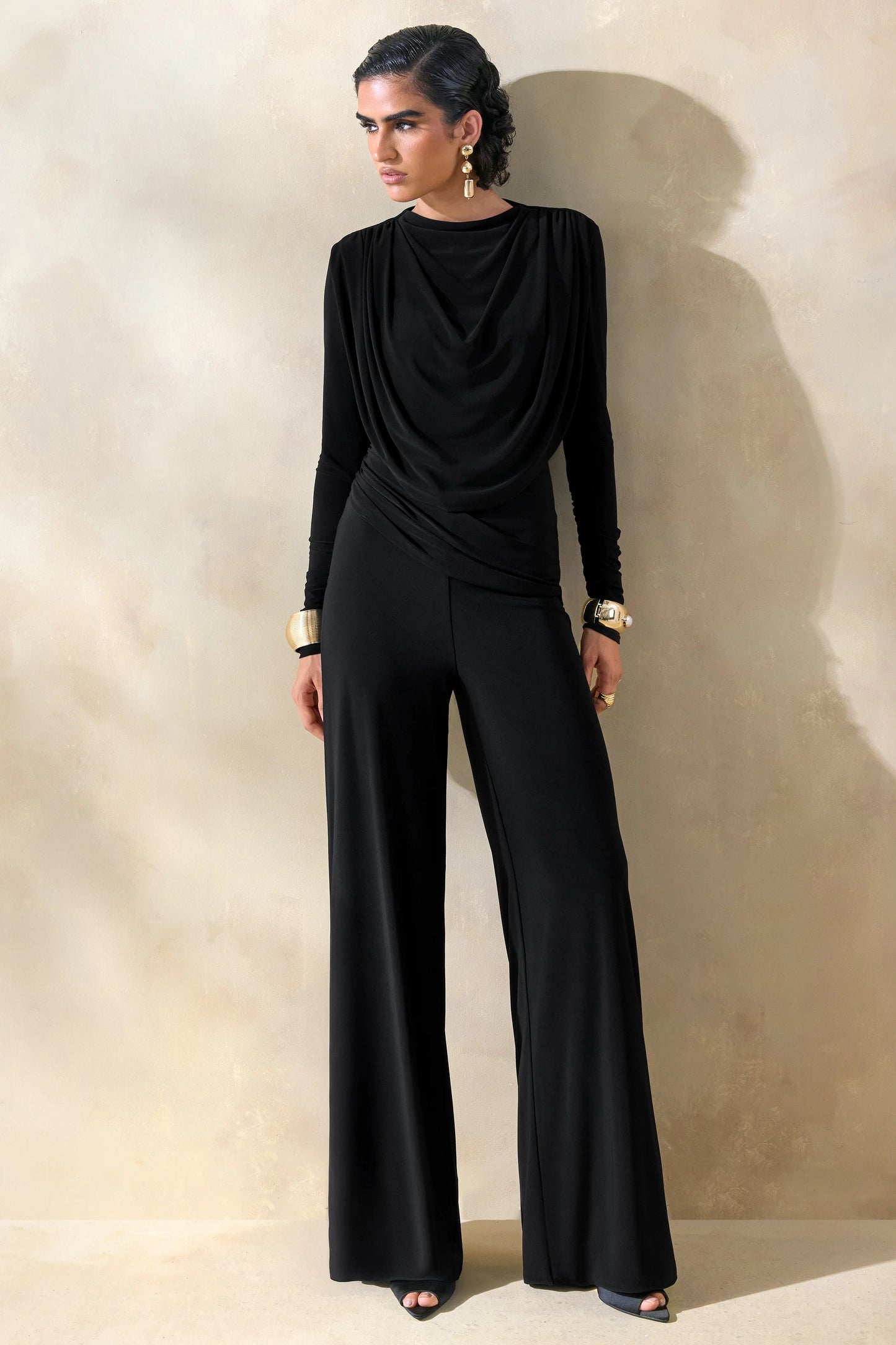 Raniella Black High-Neck Top With Gathered And Draped-Detailing