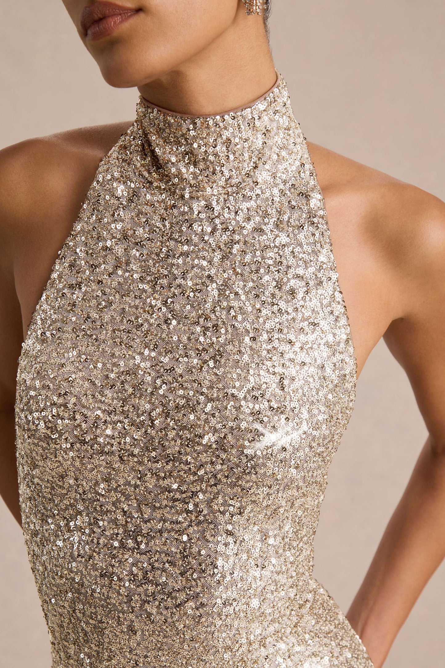 Tulia Gold Sequin High-Neck Maxi Dress
