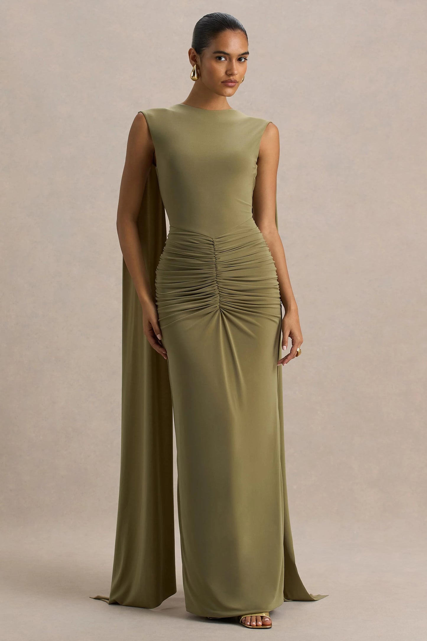Premiere Olive Boat-Neck Maxi Dress With Cape-Sleeves And Open-Back