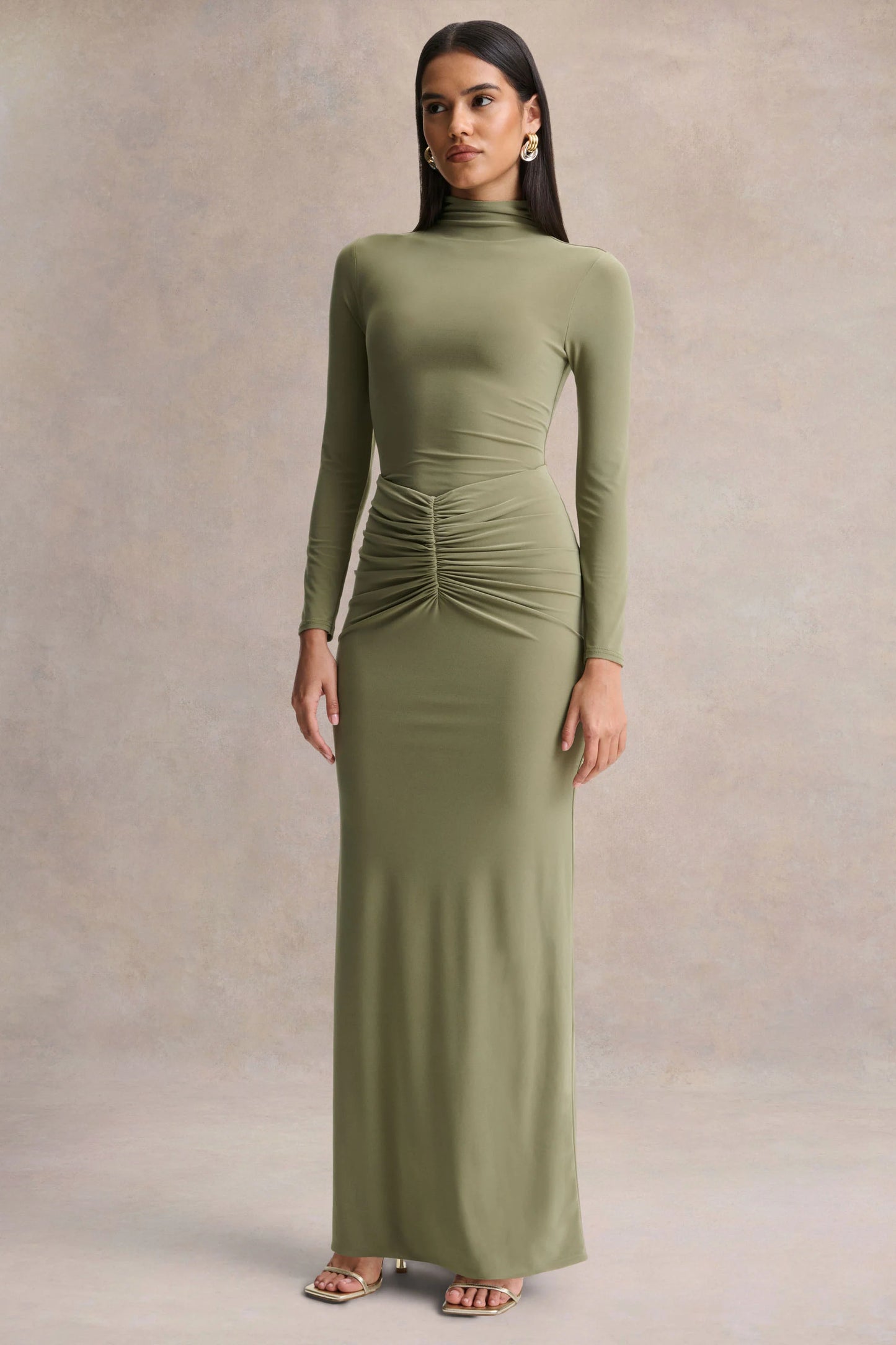 Persis Olive High-Neck Maxi Dress With Gathered Detailing