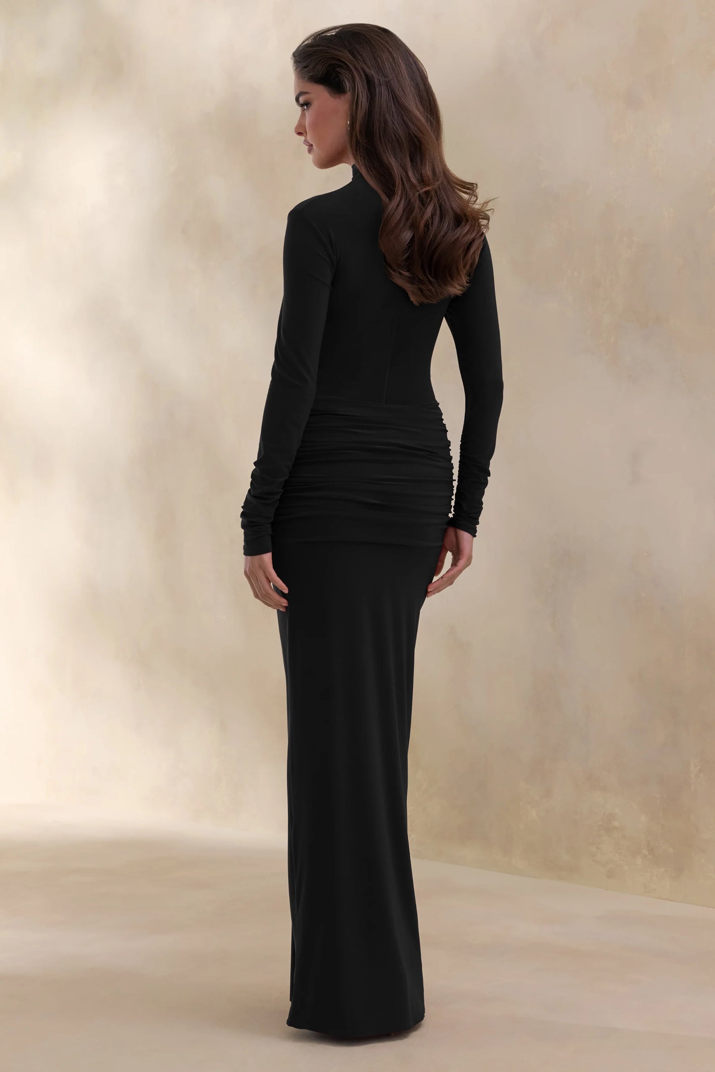 Ambrette Black High-Neck Maxi Dress With Gathered-Detailing