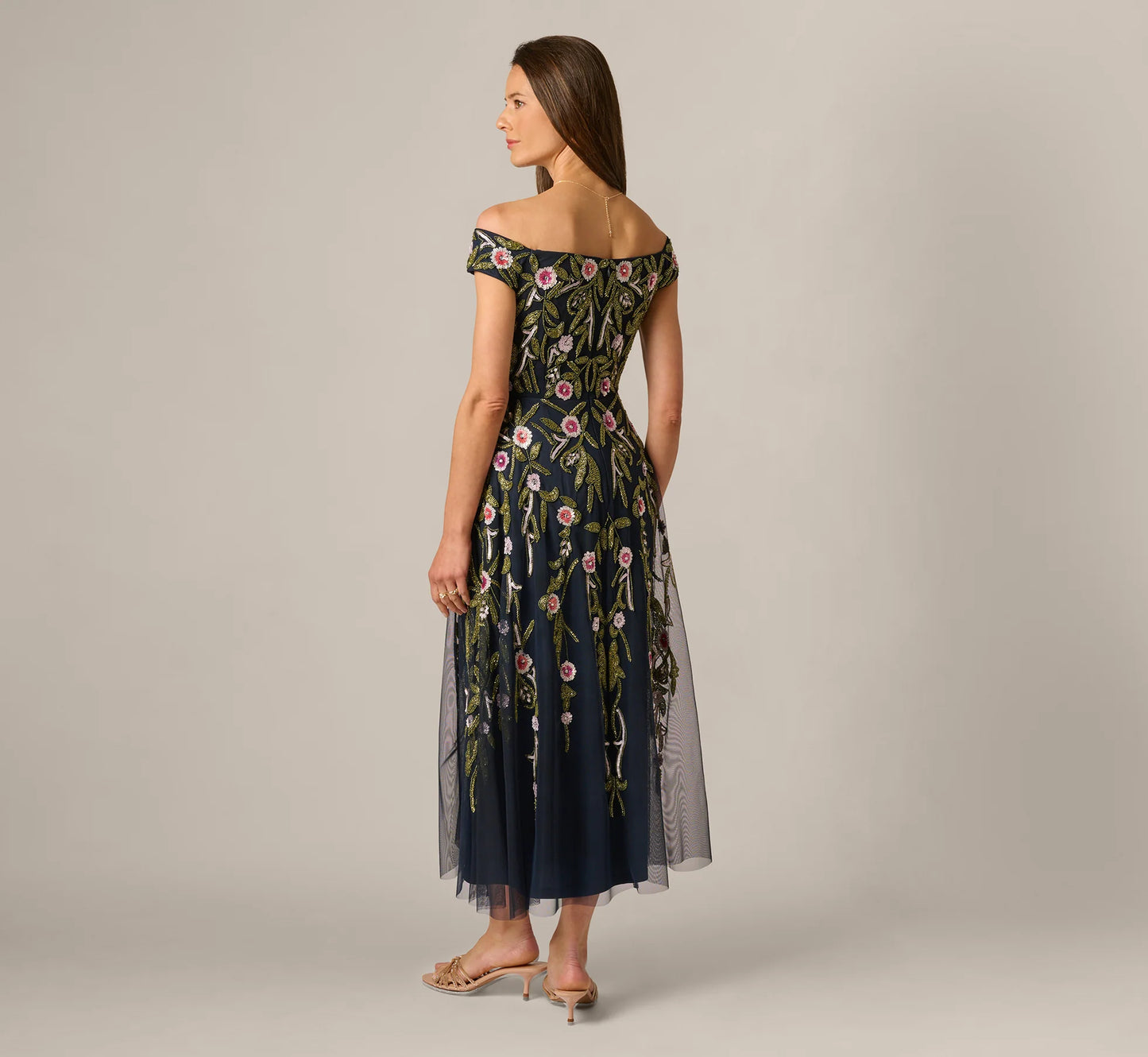 Off Shoulder Floral Beaded Ankle Length Dress In Navy Blush