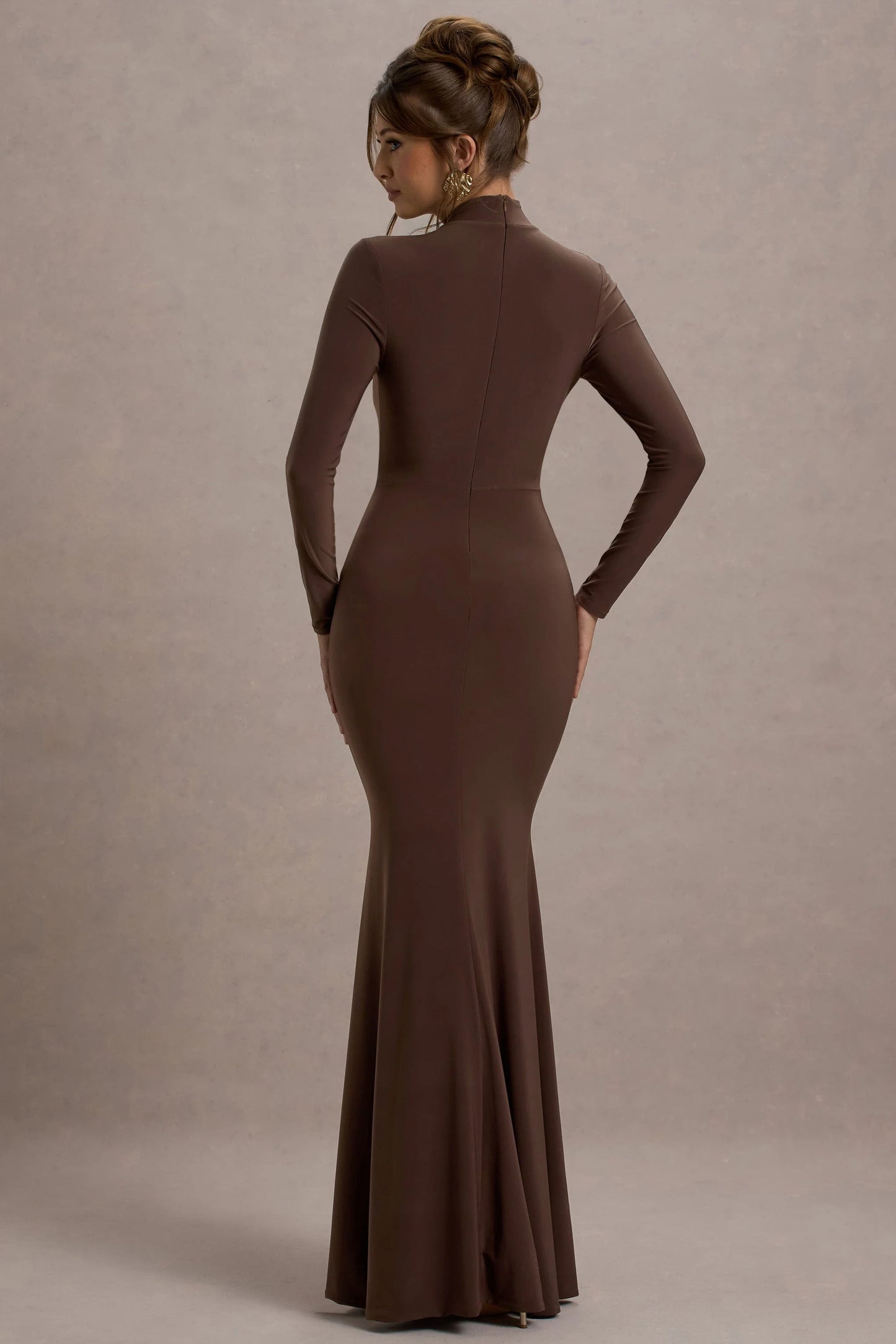 Tova Chocolate High-Neck Long-Sleeve Maxi Dress