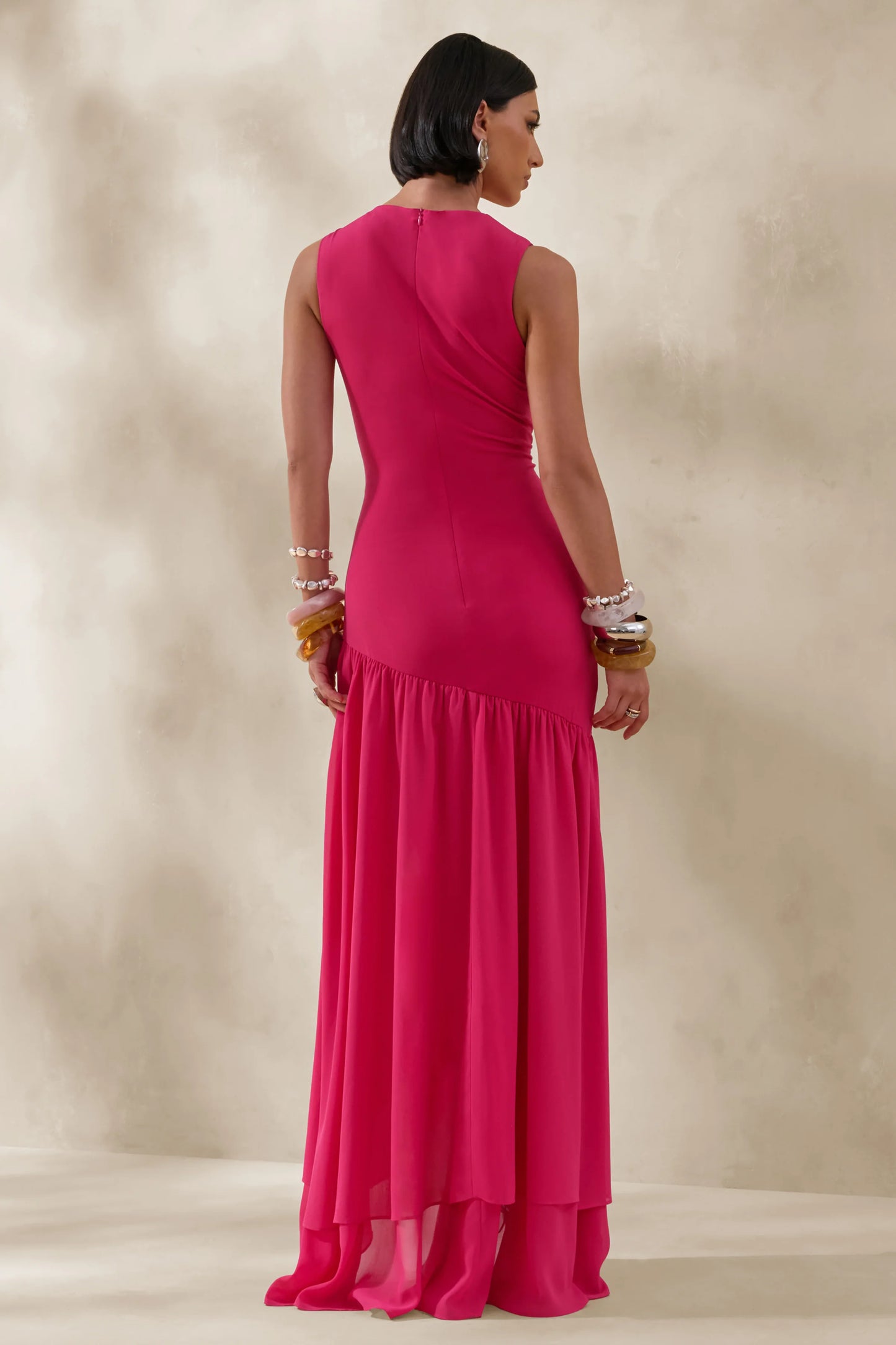 Noelia Hot Pink High-Neck Maxi Dress With Ruffled Detailing