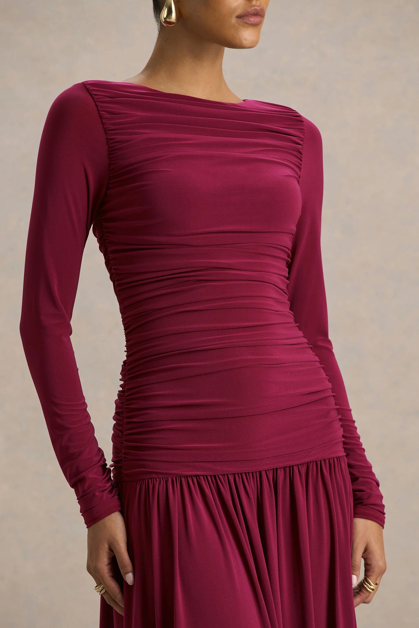 Aniyah Burgundy Slashed-Neck Maxi Dress With Ruched Detailing