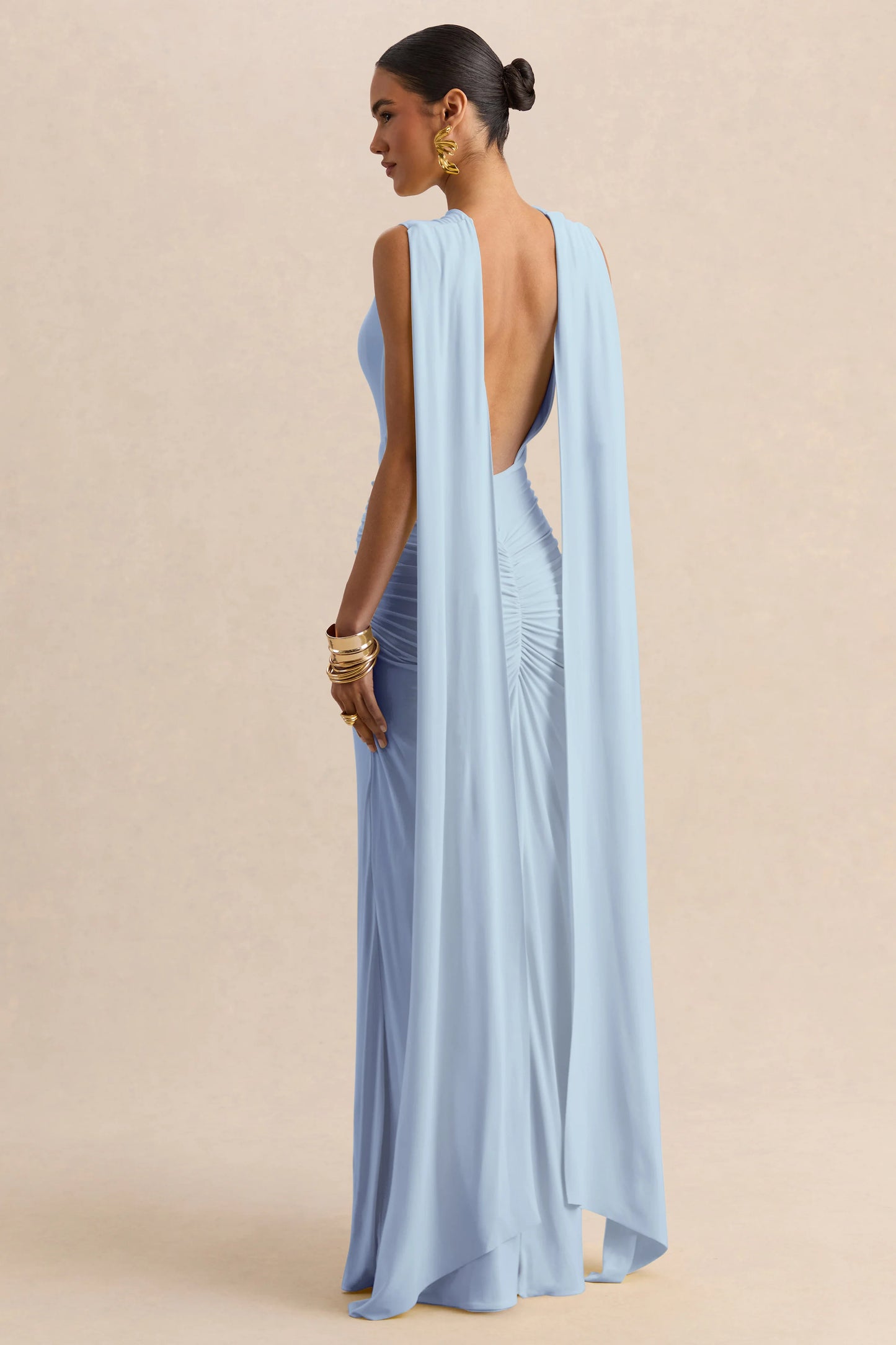 Premiere Powder Blue Boat-Neck Maxi Dress With Cape-Sleeves And Open-Back