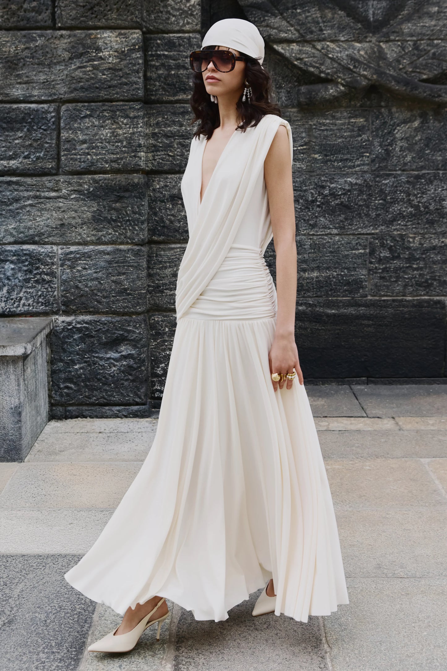 Glorina Cream Plunge-Neck Maxi Dress With Draped-Detailing
