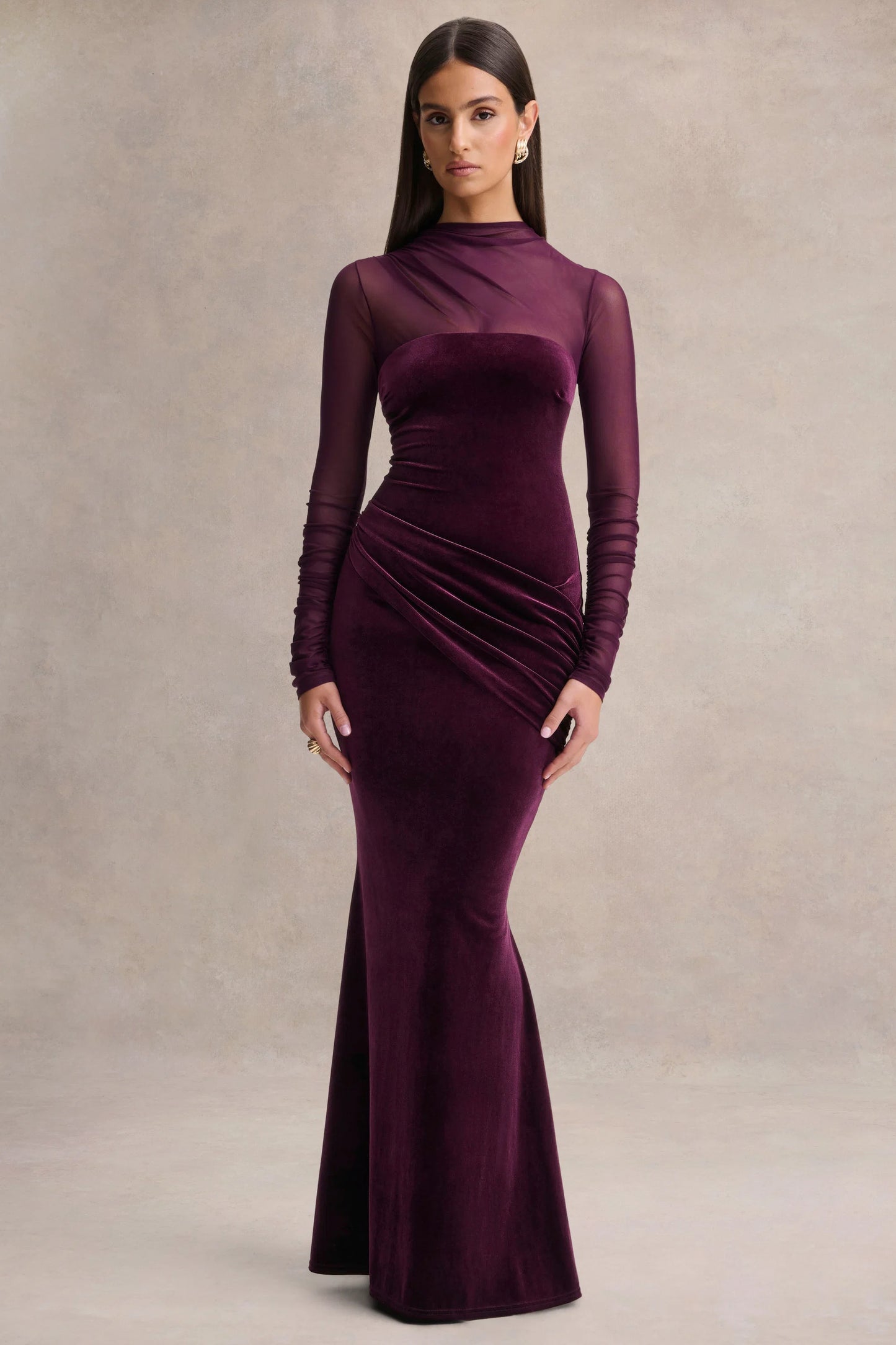 Cambria Plum Velvet High-Neck Maxi Dress With Draped-Detailing