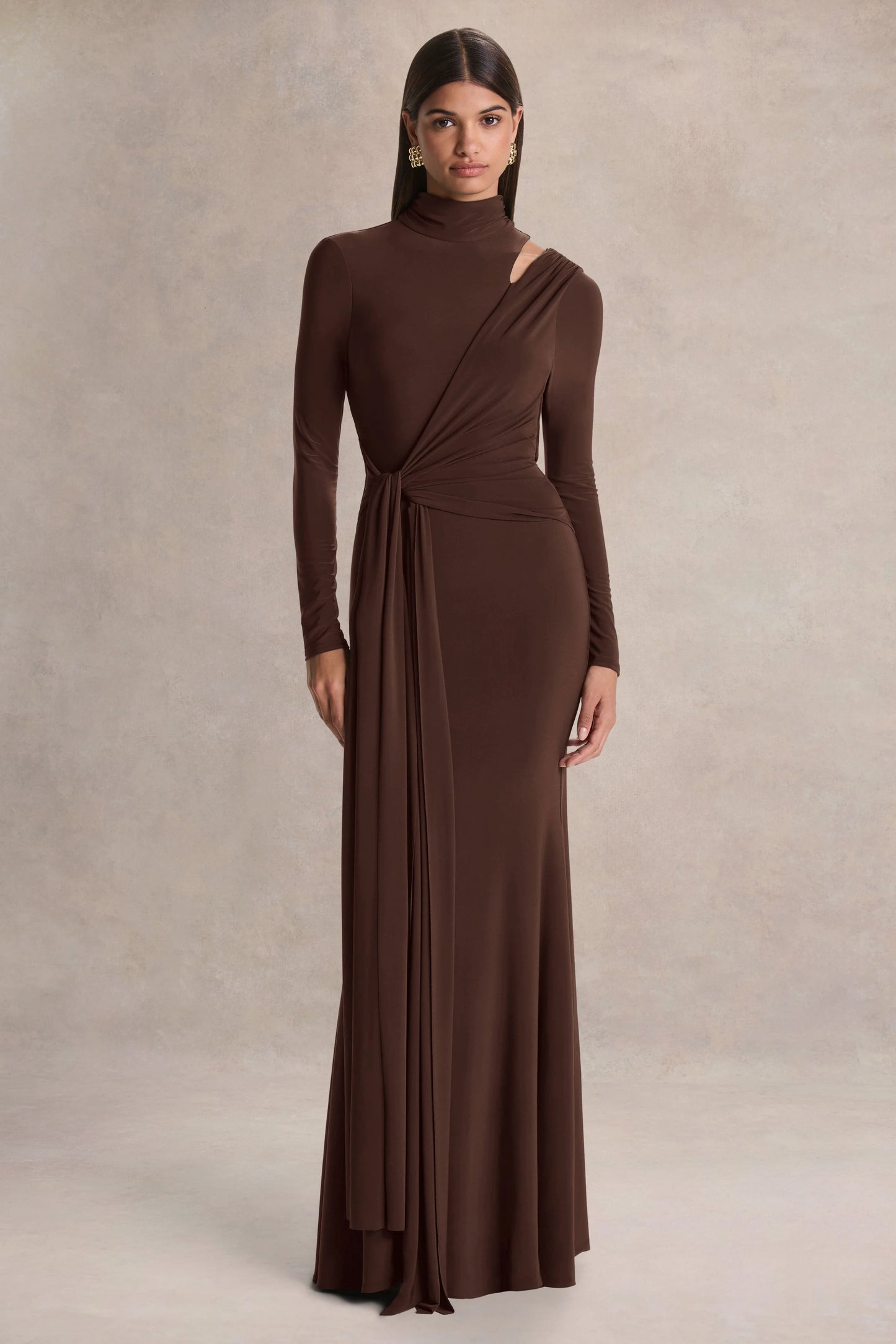 Alastrina Brown High-Neck Maxi Dress With Gathered-Detailing