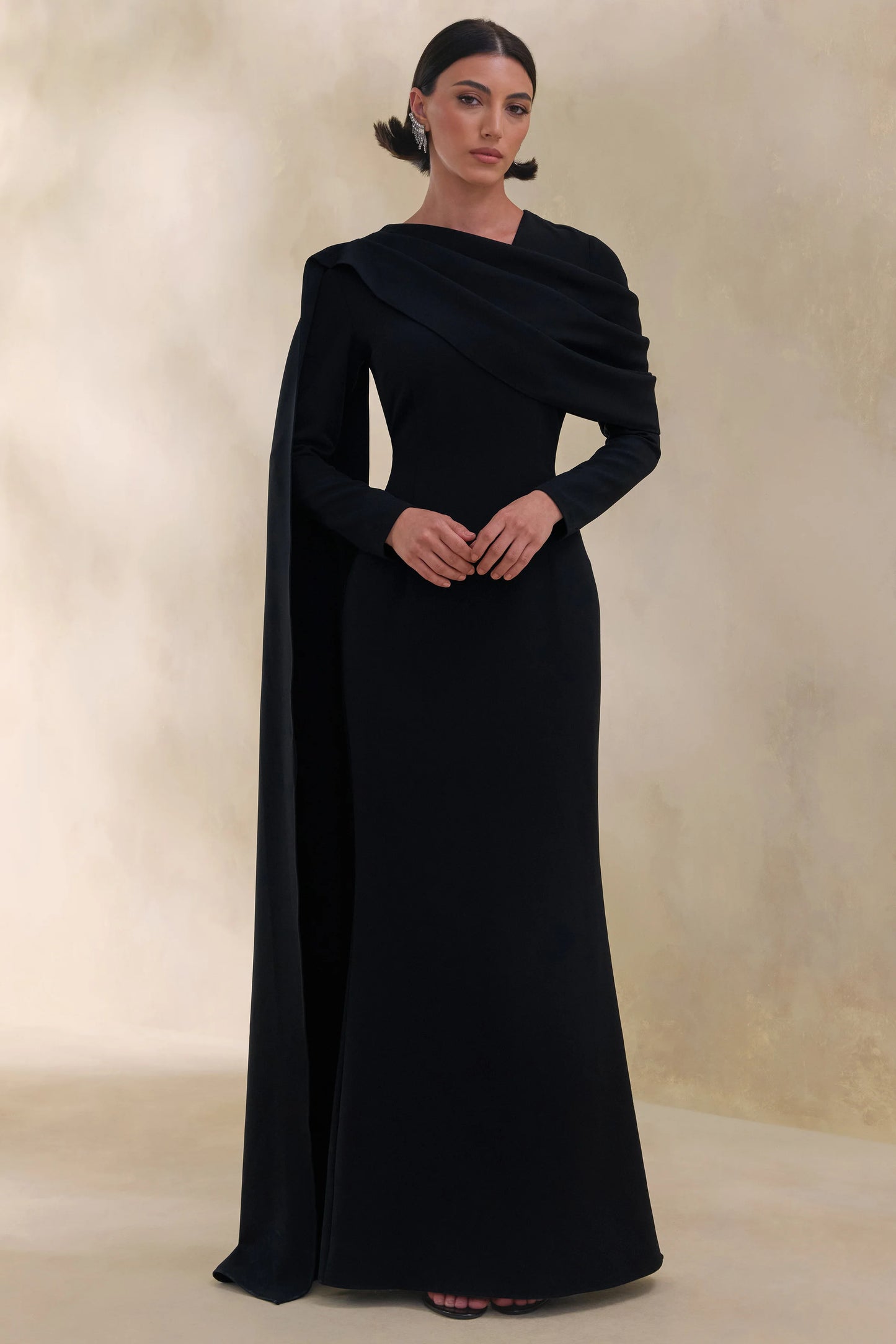 Heliora Black V-Neck Maxi Dress With Sash And Draped-Detail
