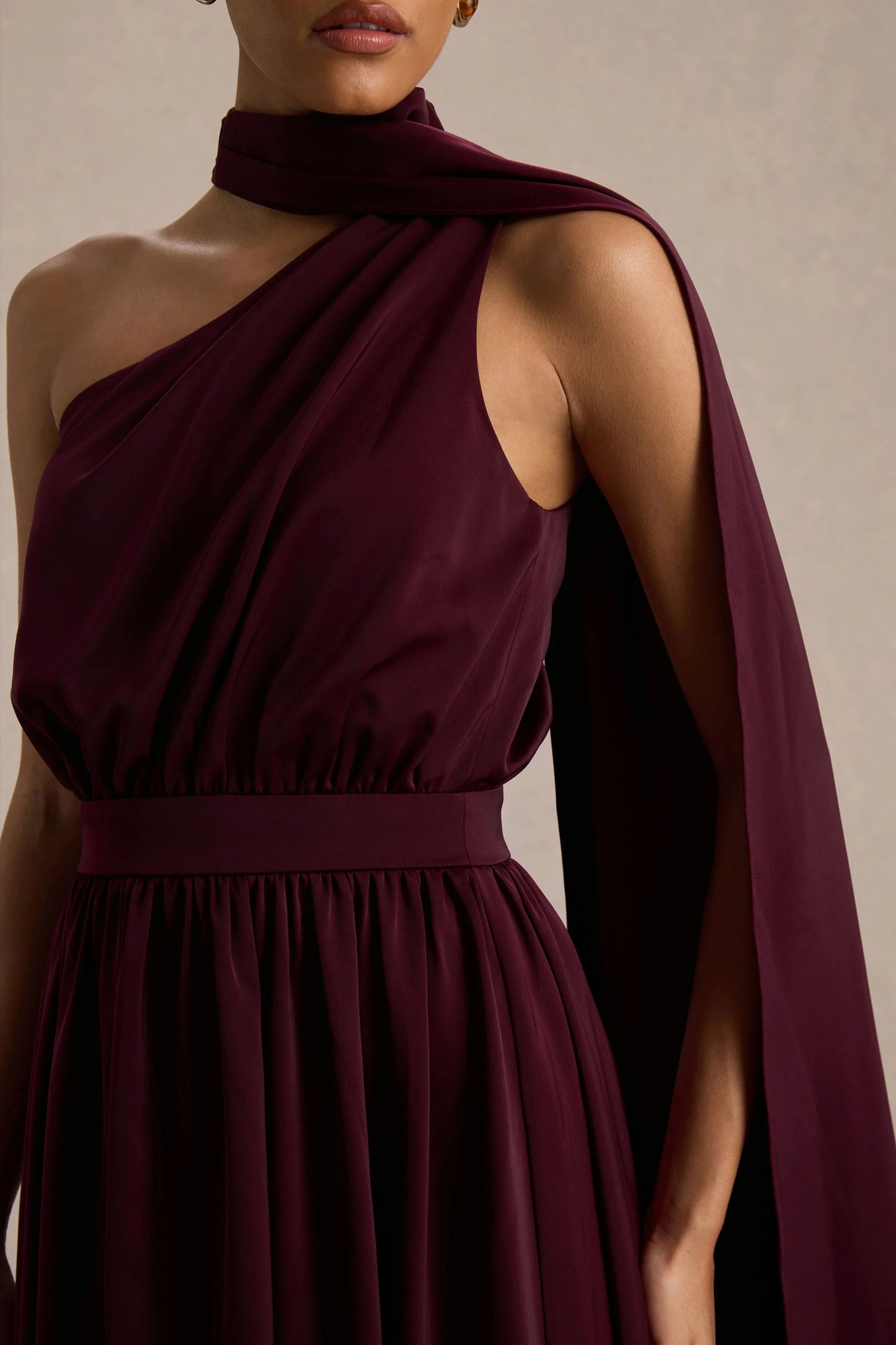 Caluna Burgundy Satin Asymmetric-Neck Midi Dress With Scarf-Detail