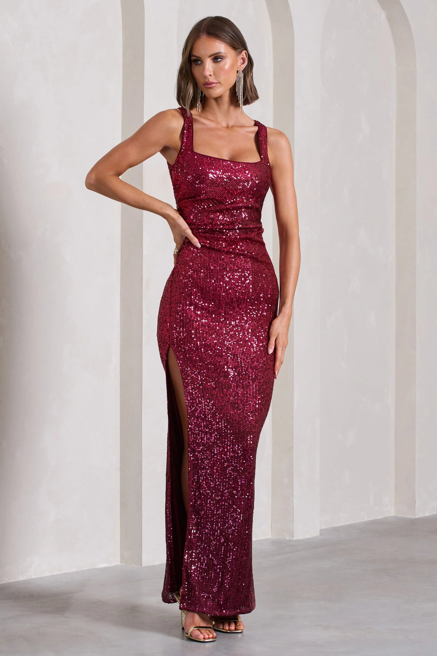 Yvonne Plum Sequin Open-Back Bodycon Maxi Dress
