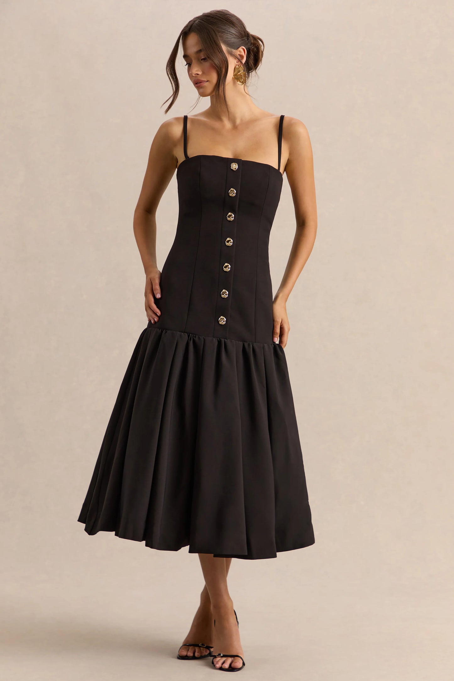 Briella Black Bandeau Midi Dress With Gold-Button Detailing